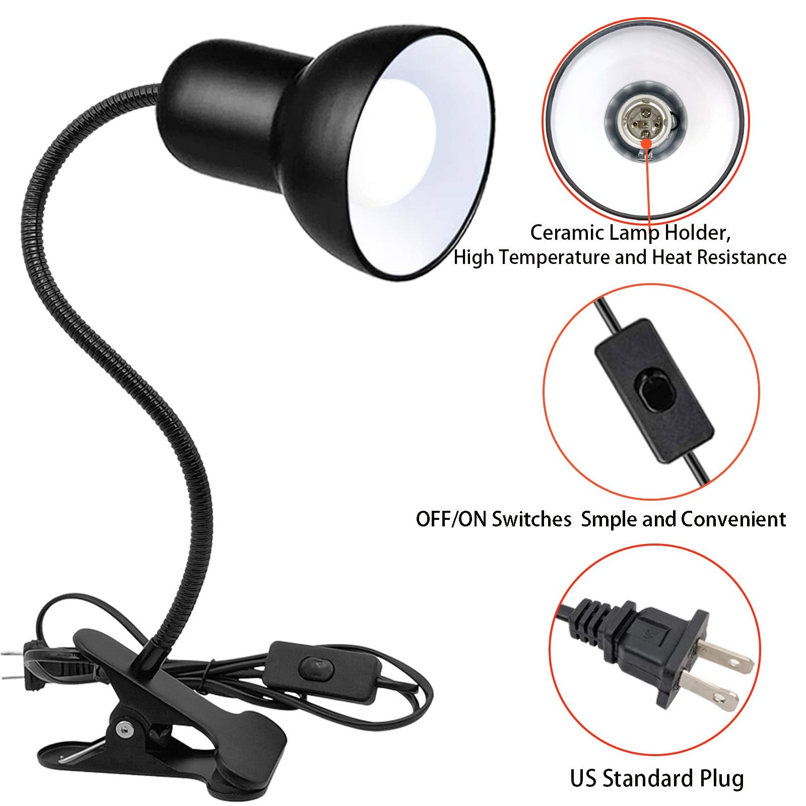 Beser·Win 360° Rotation Clip-On Desk Lamp, Portable Gooseneck Reading Light, Black, Plug-In, Model ME-Desk Lamp-0008