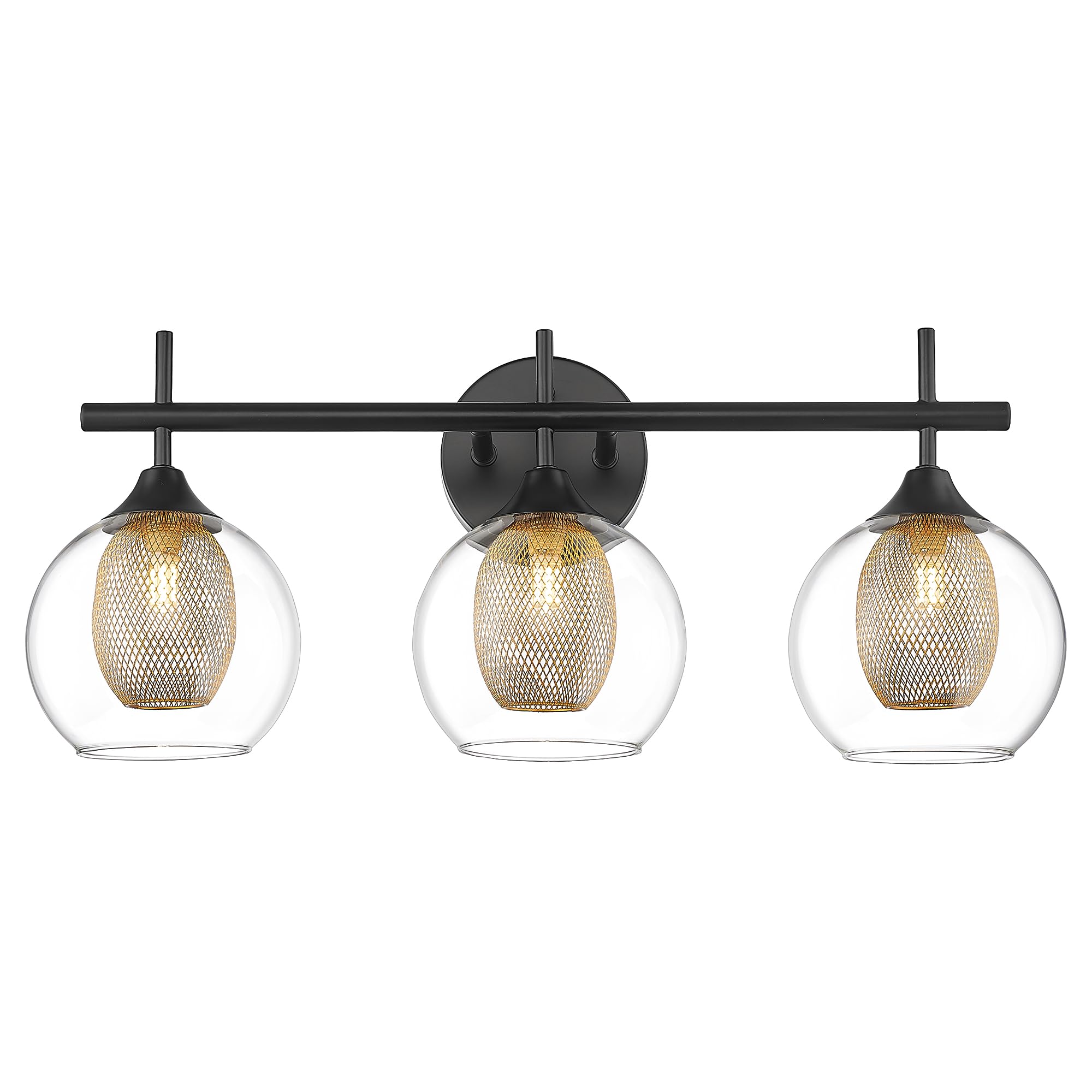 Audickic 3-Light Bathroom Light Fixtures, Black and Gold Vanity Lights, Metal with Clear Glass, Model AD-22001-3W-BK