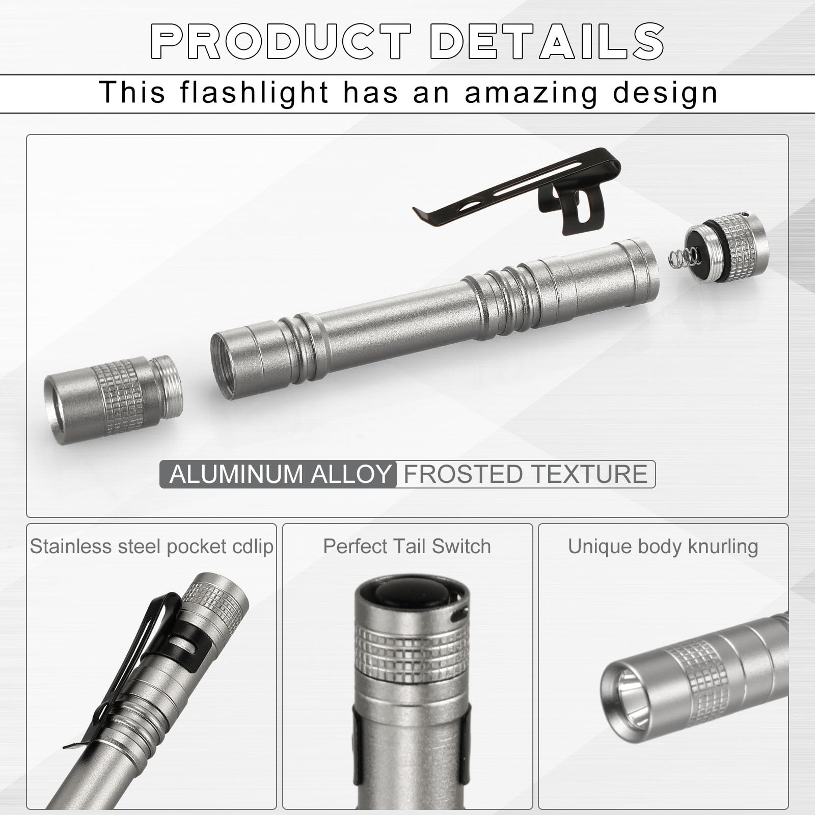 Hortsun Mini Pen Light Flashlight, 5.12 Inch, Gray, Aluminum, Pocket Size, Clip Included, 20 Pcs Gifts for Fathers Day