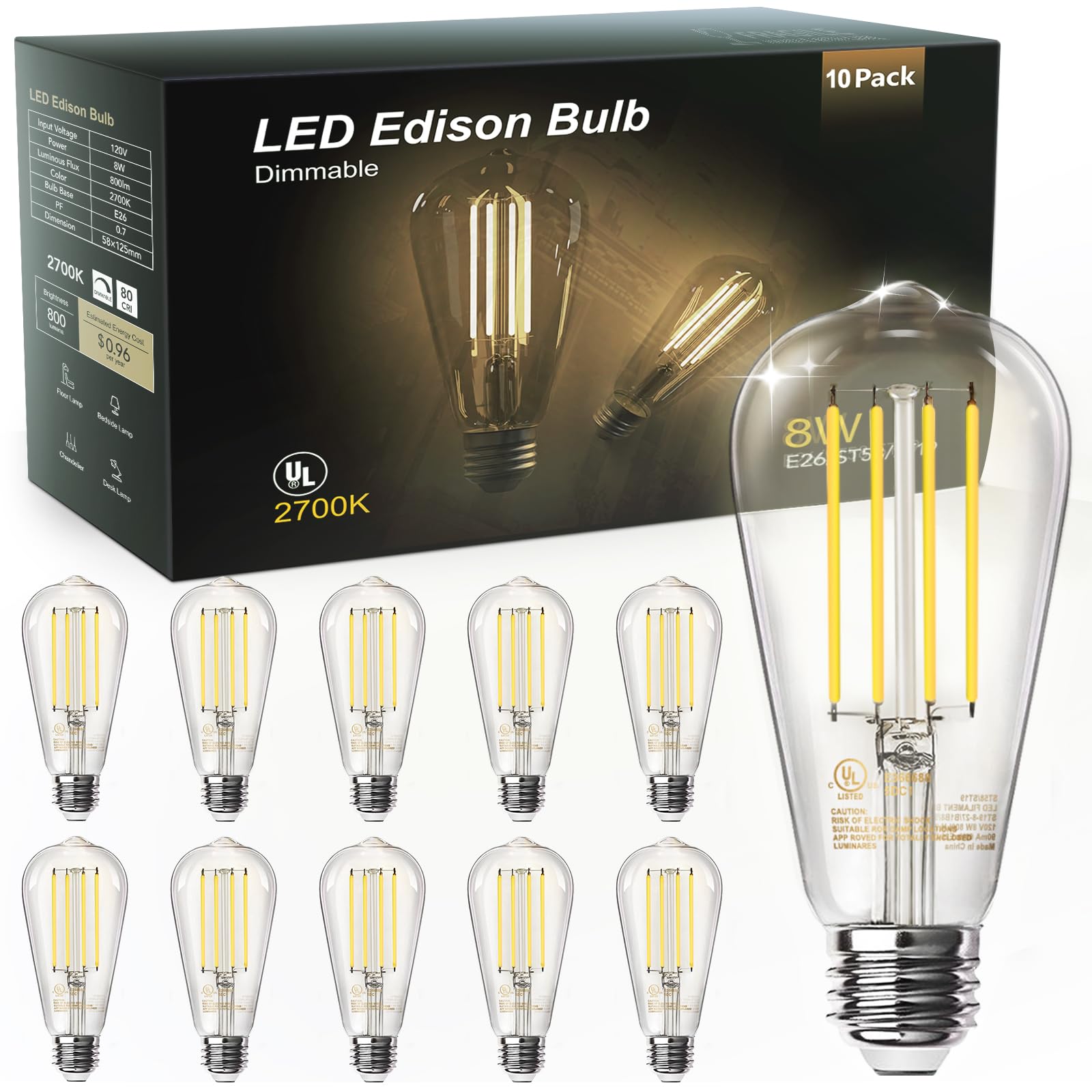 Tjoy 10 Pack Vintage 8W St58 Led Edison Light Bulbs, Dimmable, 60W Equivalent, 800Lumens, 2700K Warm White, E26 Base Led Filamen