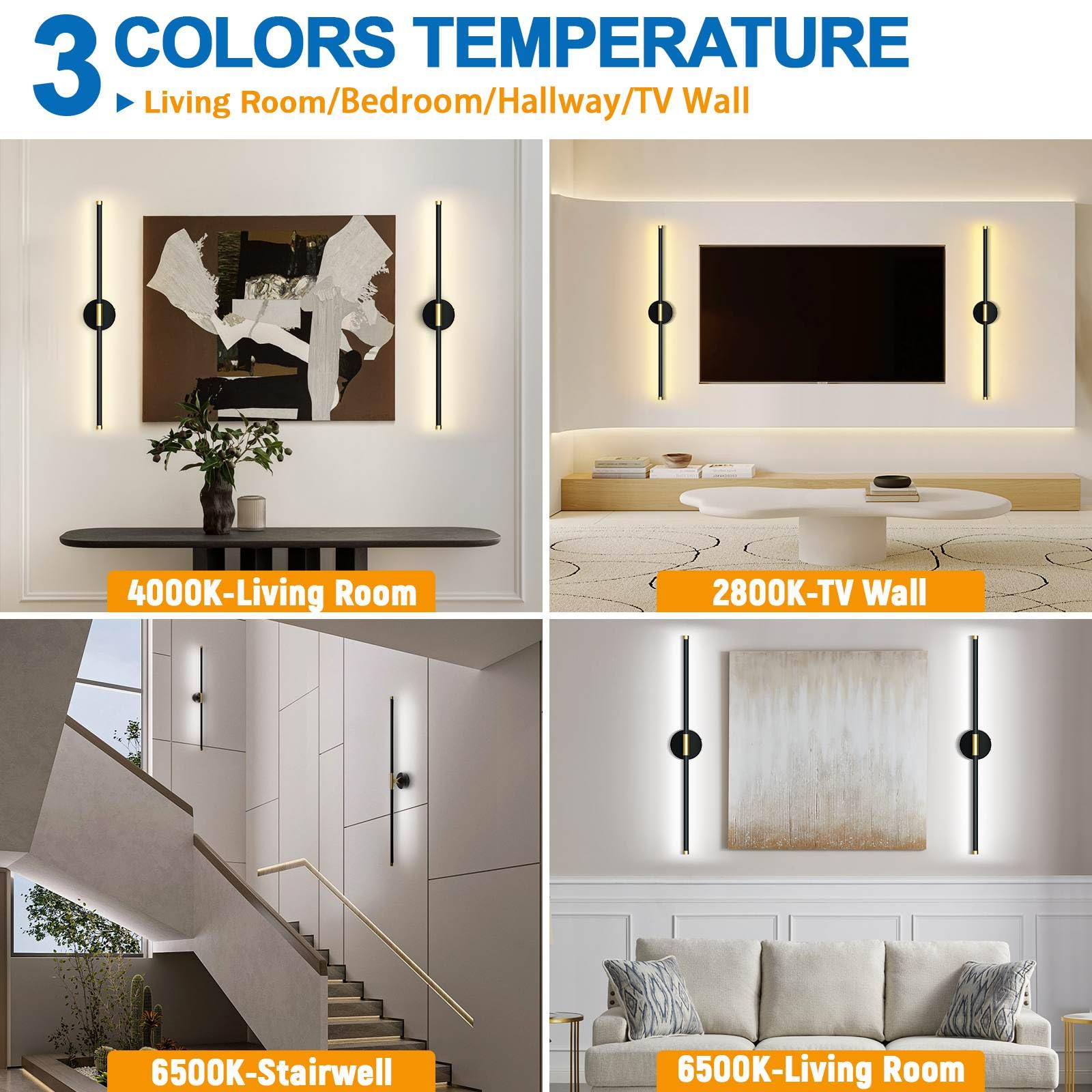 Neymlya Wall Sconces Set of 2, Battery Operated, Dimmable 3000K/4000K/6000K, Rechargeable, Metal, Black Gold,