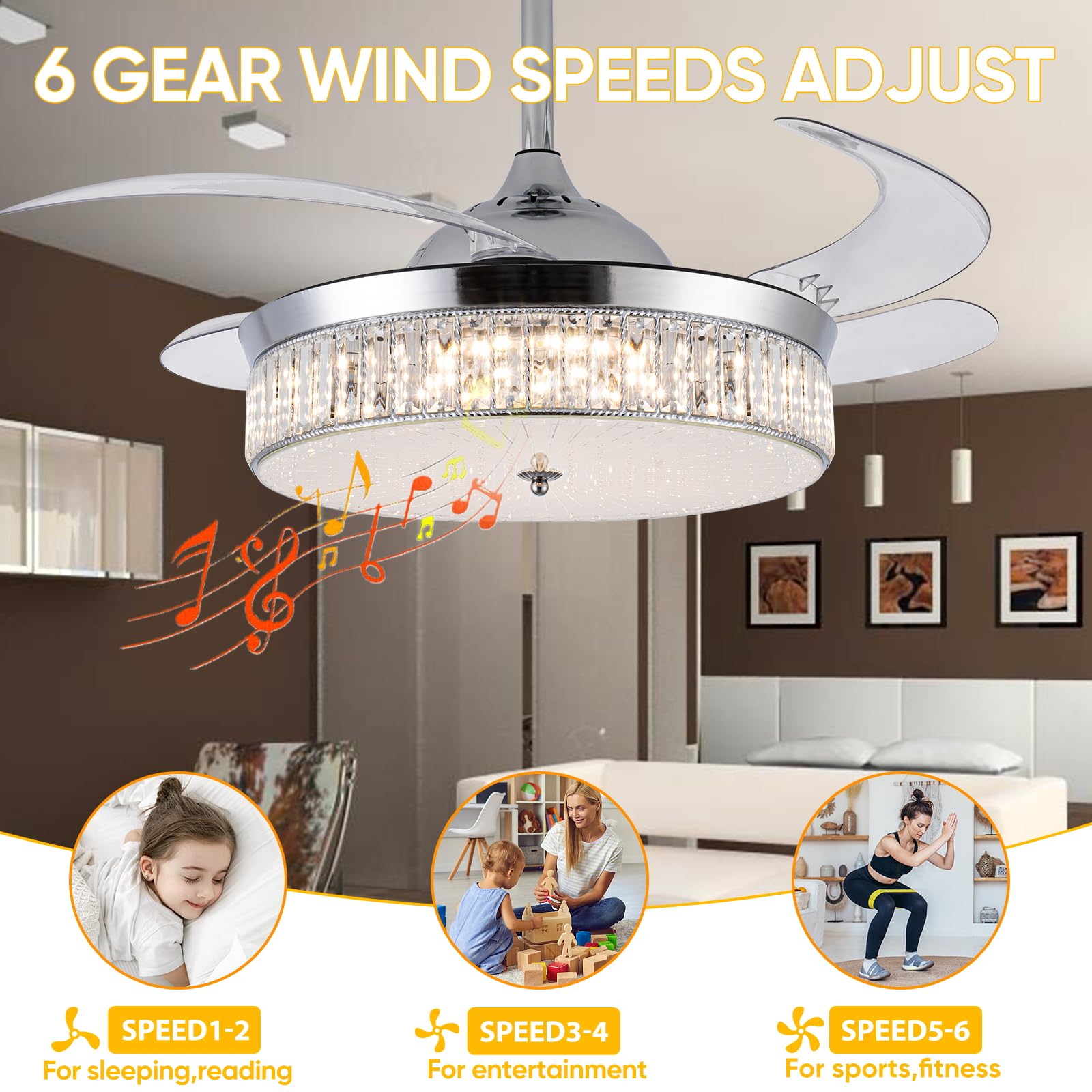 Bavnnro 42'' Crystal Ceiling Fan with Lights & Bluetooth Speaker, Silver, Model HYGXHG060G, Dimmable & Retractable for Living Room/Bedroom