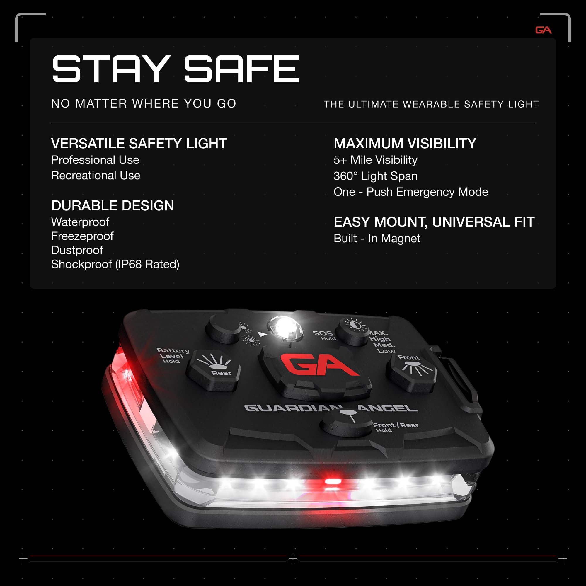 Guardian Angel Elite Series Safety Light, Beacon Device (White Front & White/Red Rear) Rechargeable, Magnetic, Hands-Free Wearab