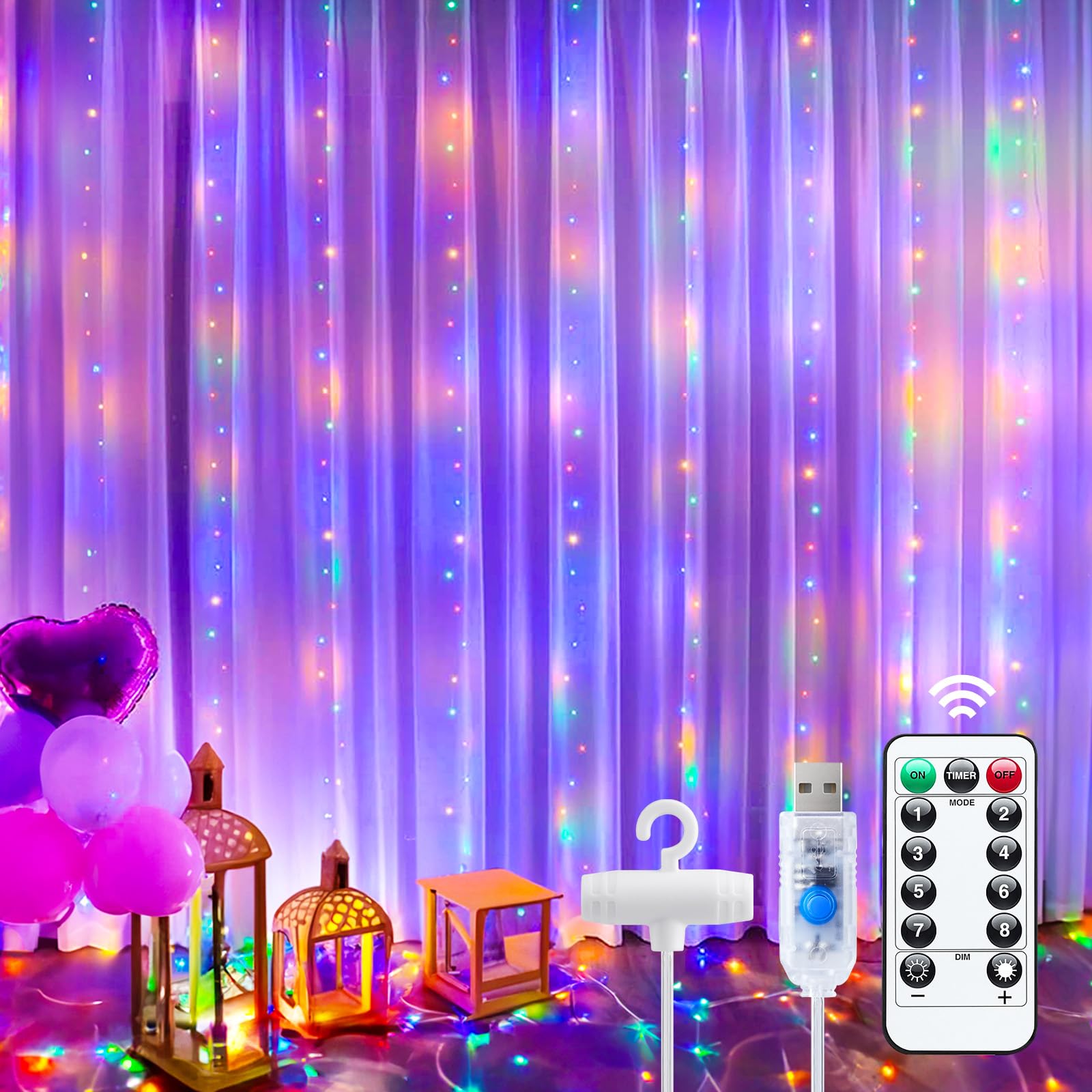Minetom 300 LED Dimmable Curtain Lights, USB Powered Fairy Lights with Remote, 8 Modes, Multicolor, 1 Pack