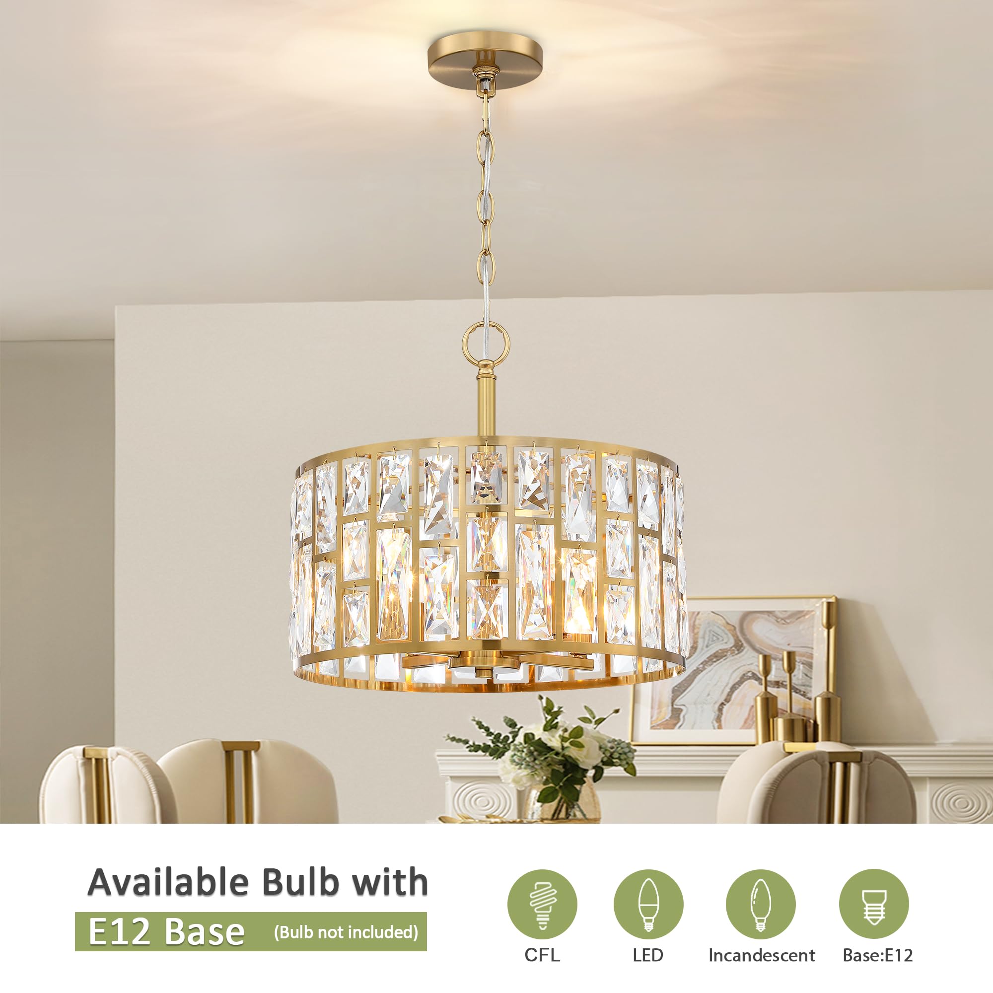 MEXO Farmhouse Crystal Chandelier - Gold 4-Light Pendant, Model 1006CH-GD for Kitchen, Dining, Bedroom, Hallway