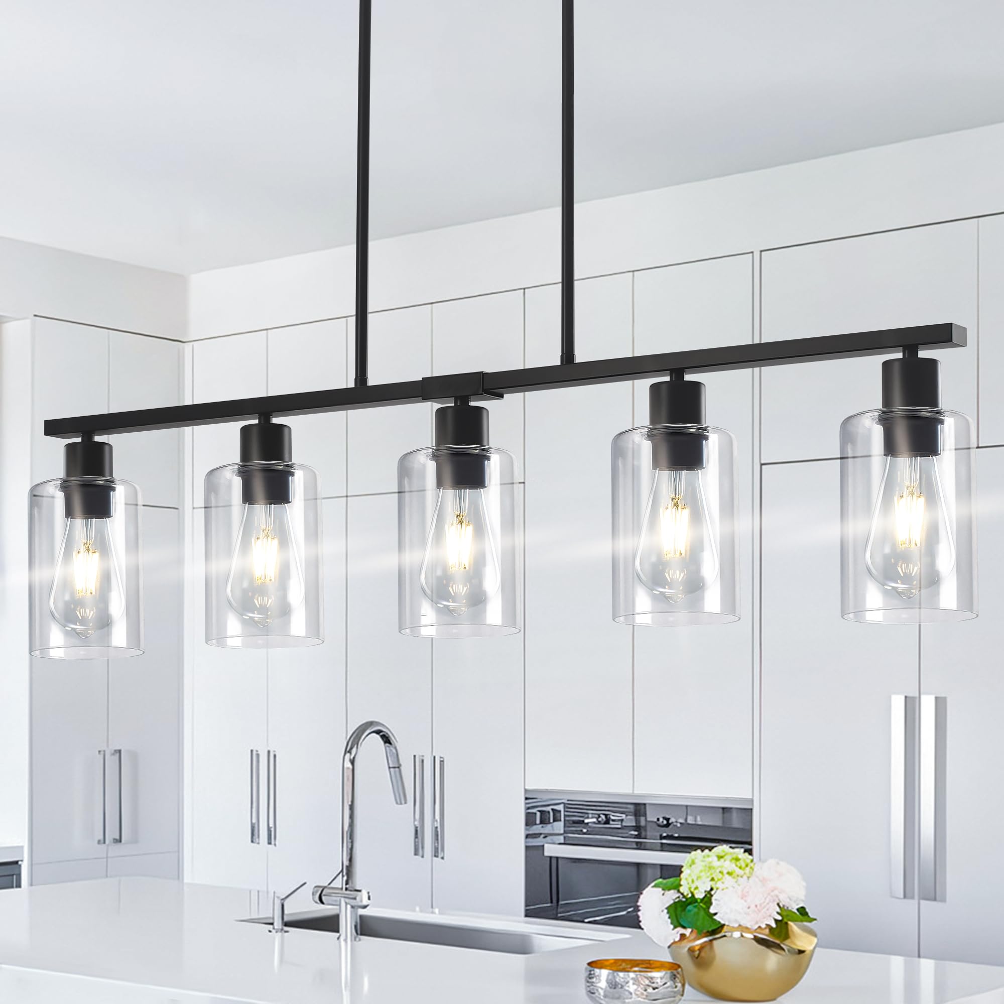 Yarlkav Black Linear Chandelier for Kitchen Island - 5 Light Pendant Lighting Fixture with Glass Shades, Adjustable Height Farmh
