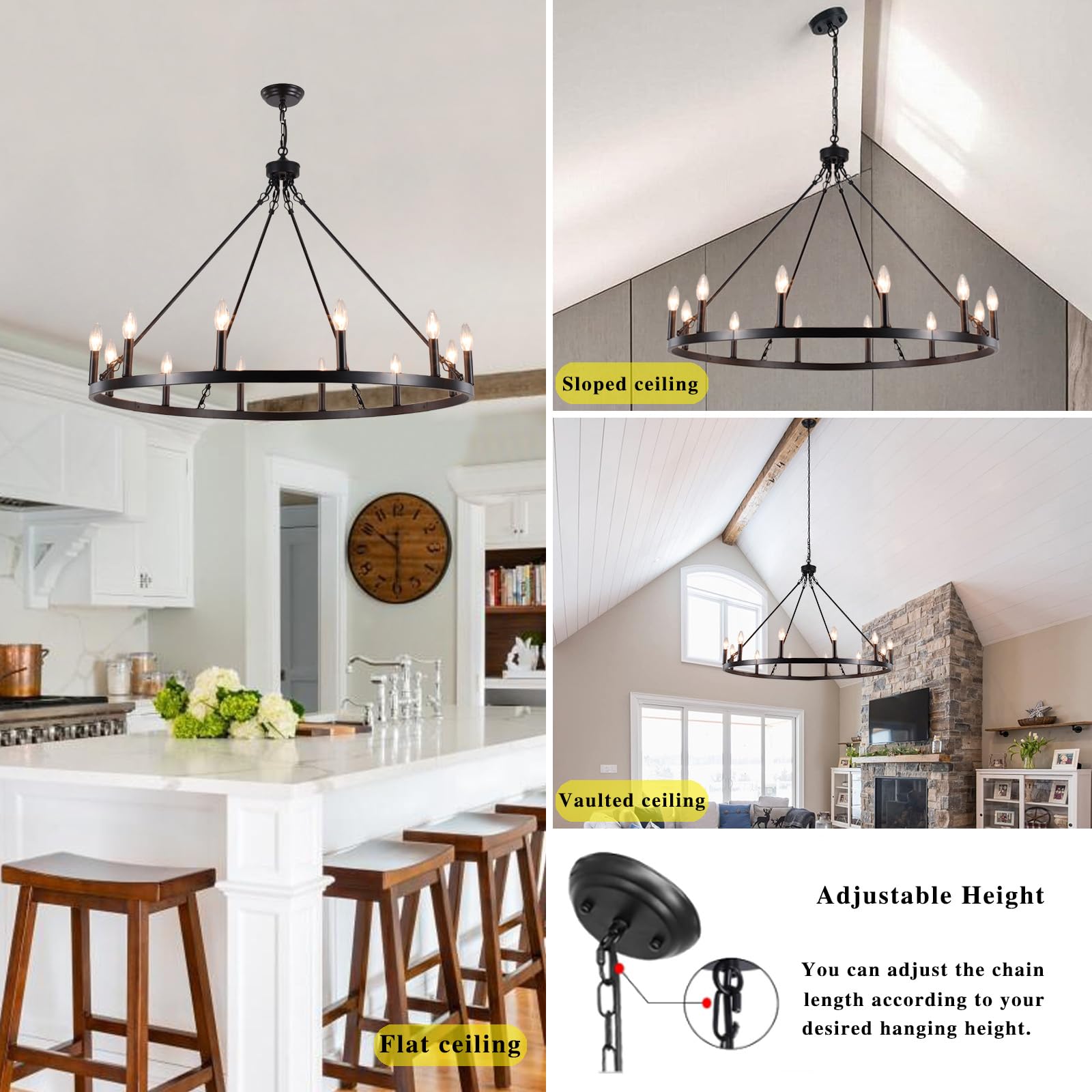 Sjccdsgs Black Large Wagon Wheel Chandelier 38 Inch, 12 Lights Farmhouse Chandelier, Industrial Rustic Candle Pendant Light Fixt