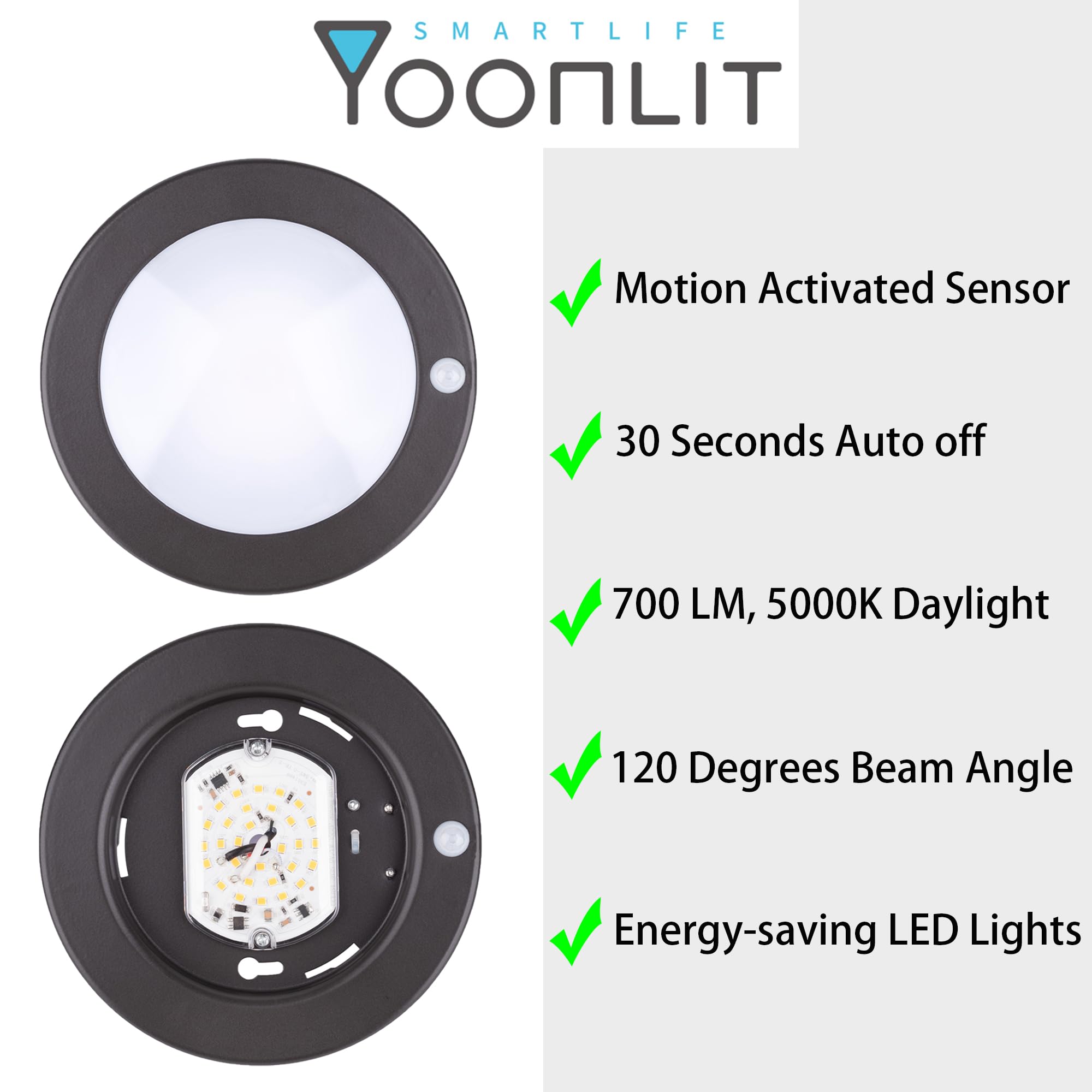 YoonLIT Flush Mount PIR Motion Sensor LED Ceiling Light, 10.5W, 700 Lumen, 6.2 Inch, Bronze Finish, Model YN-CL00450K