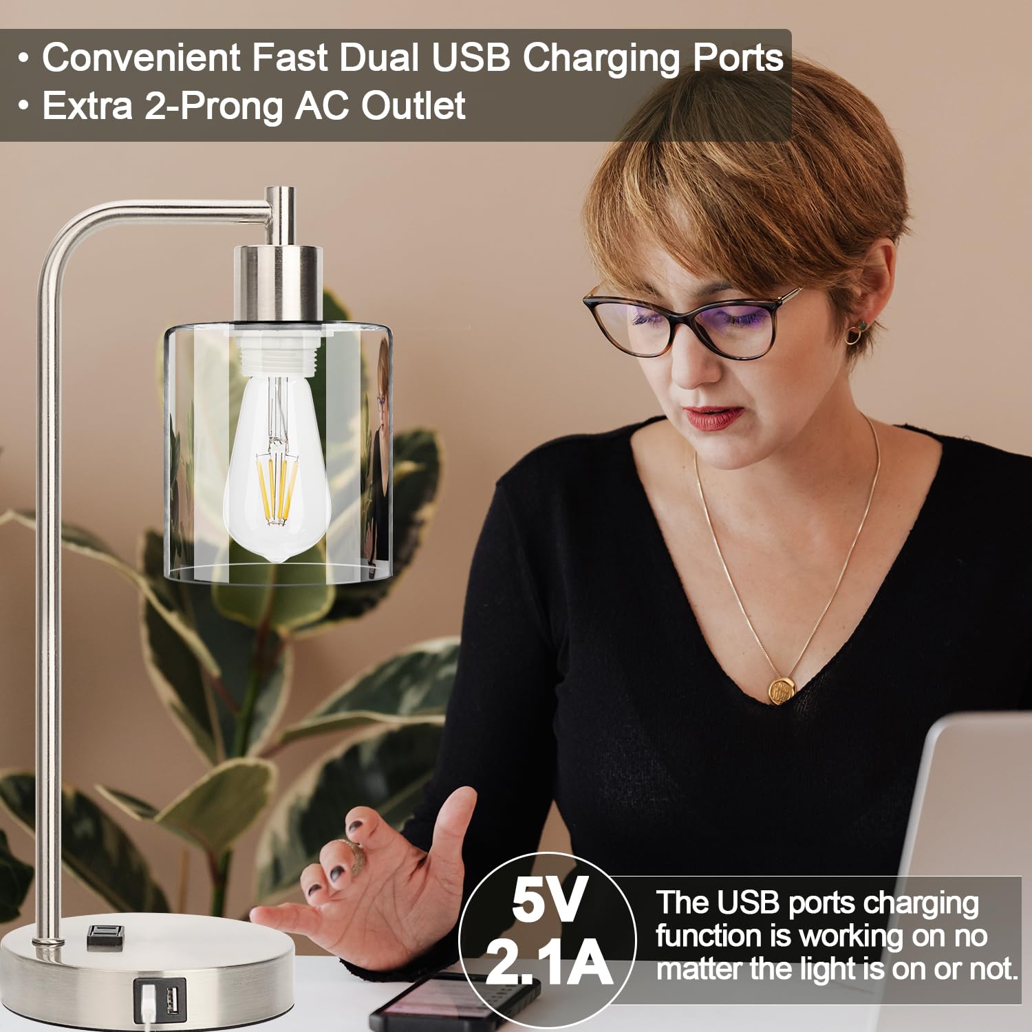Industrial Touch Control Table Lamps Set Of 2 - Brushed Nickel Nightstand Bedside Lamps With 2 Usb Ports & Ac Outlet, 3-Way Dimm