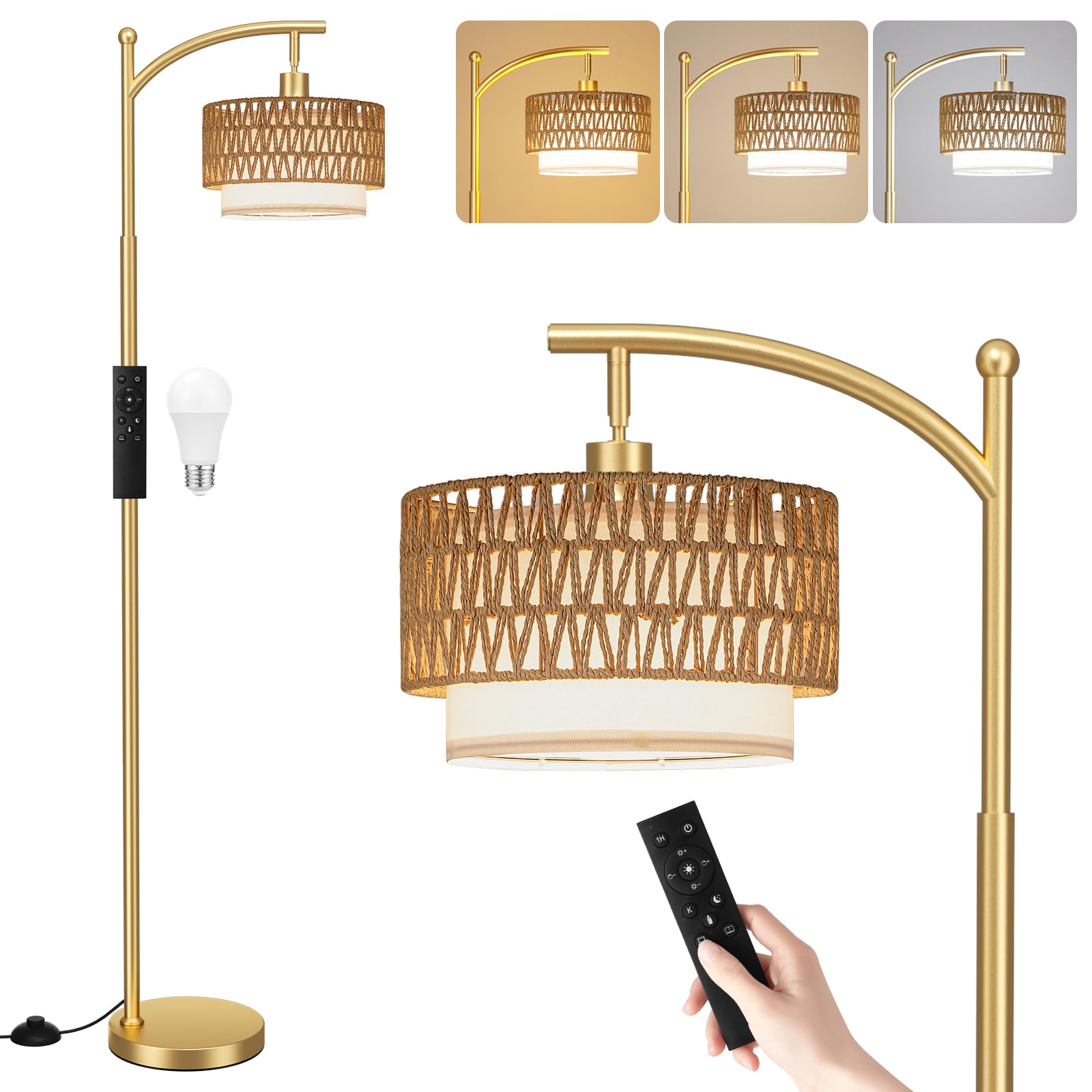 Ambimall Arc Floor Lamp for Living Room with Remote, Color Temperature & Brightness Adjustable, Boho Standing Lamp with Rattan &