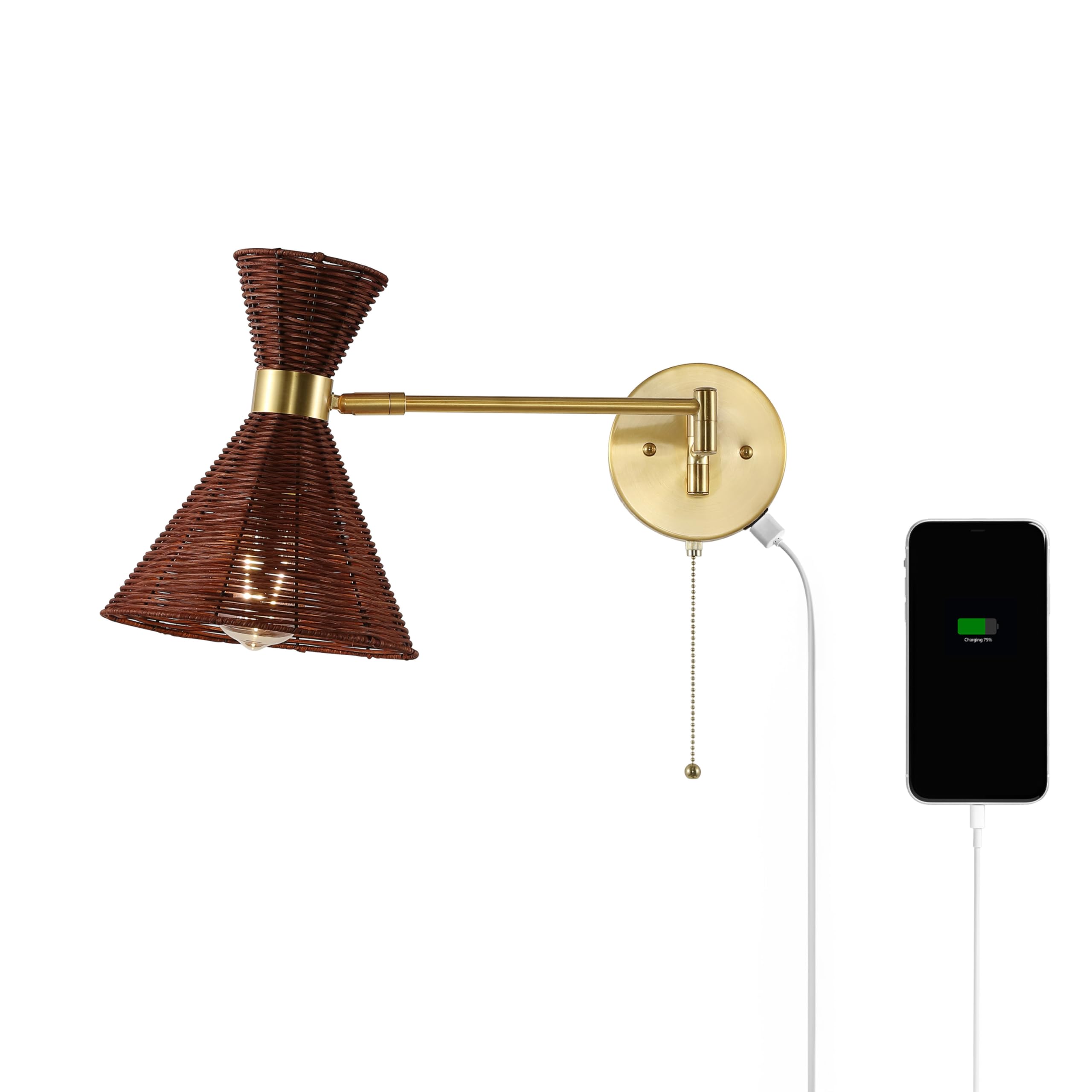 JONATHAN Y 25 Brass Gold/Dark 1-Light Brown Mid-Century Swing Arm LED Sconce with USB Port, Pull Chain Vintage Wall Lamp for Bed
