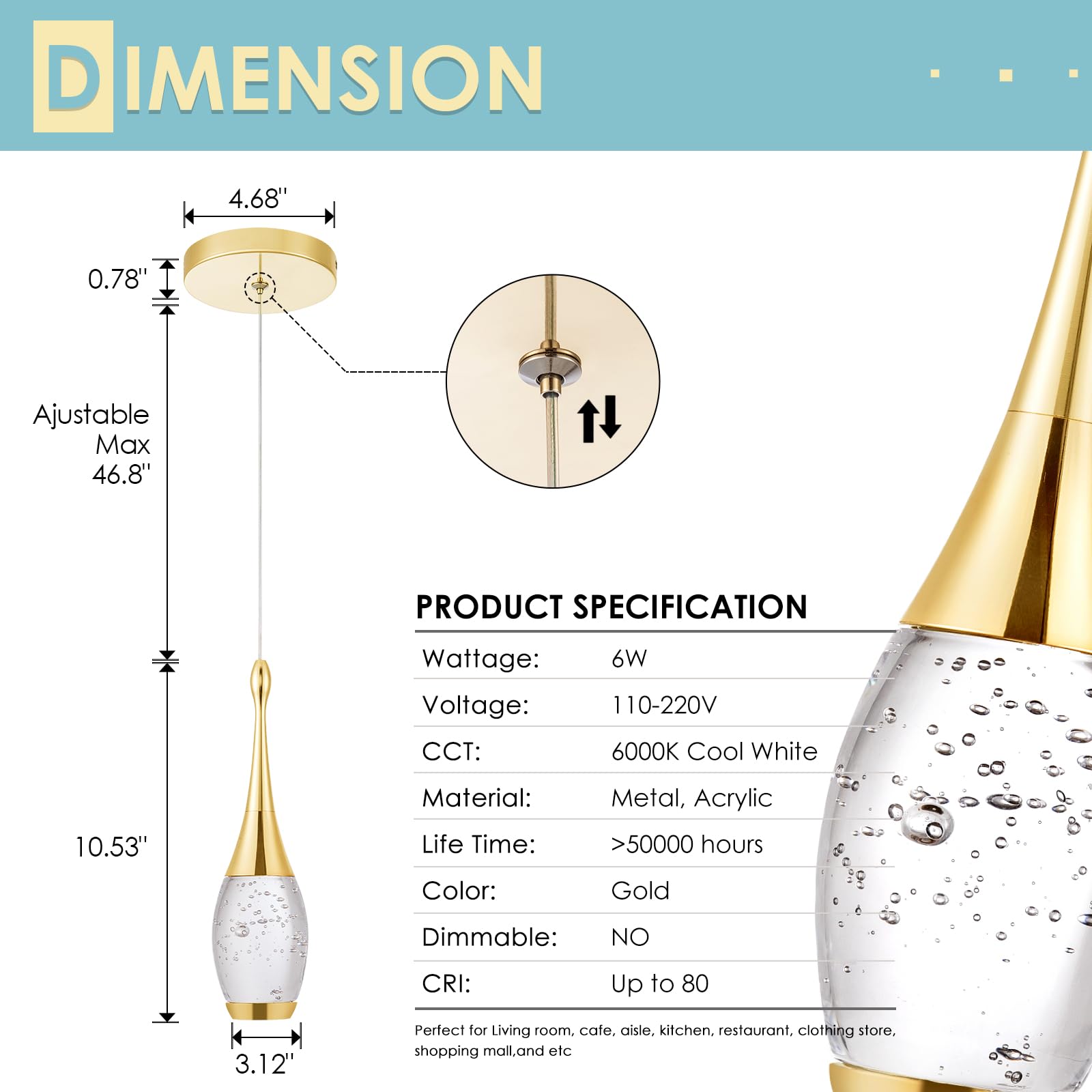 Chying Gold Teardrop Pendant Light Kitchen Island Led Island Light 6000K Bubble Crystal Pendant Lighting Mini Crystal Hanging Li