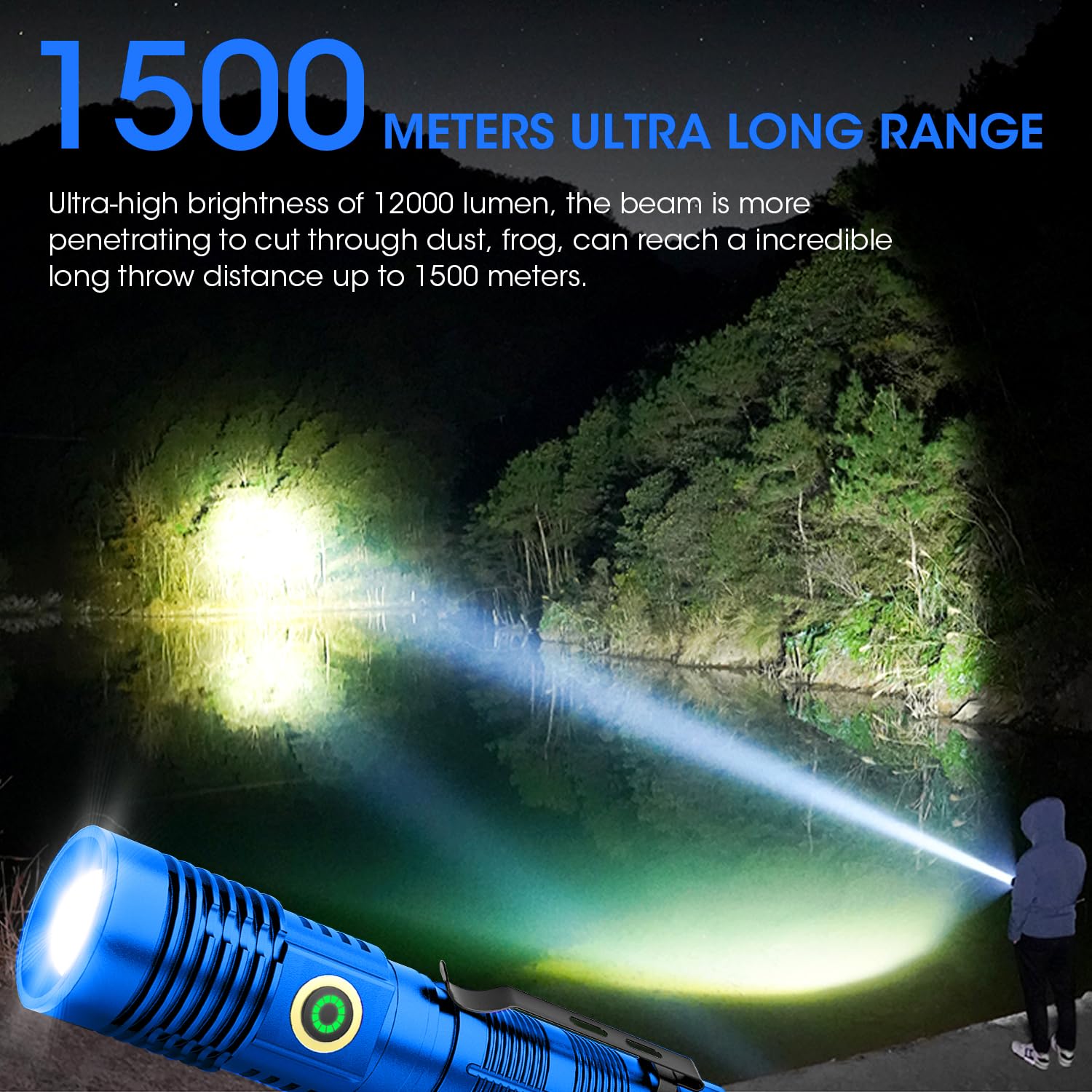 Spriak Rechargeable Flashlight, 12000 Lumens, Long-Range Zoomable LED, Aluminum, Model K2301-BLUE, 2-Pack