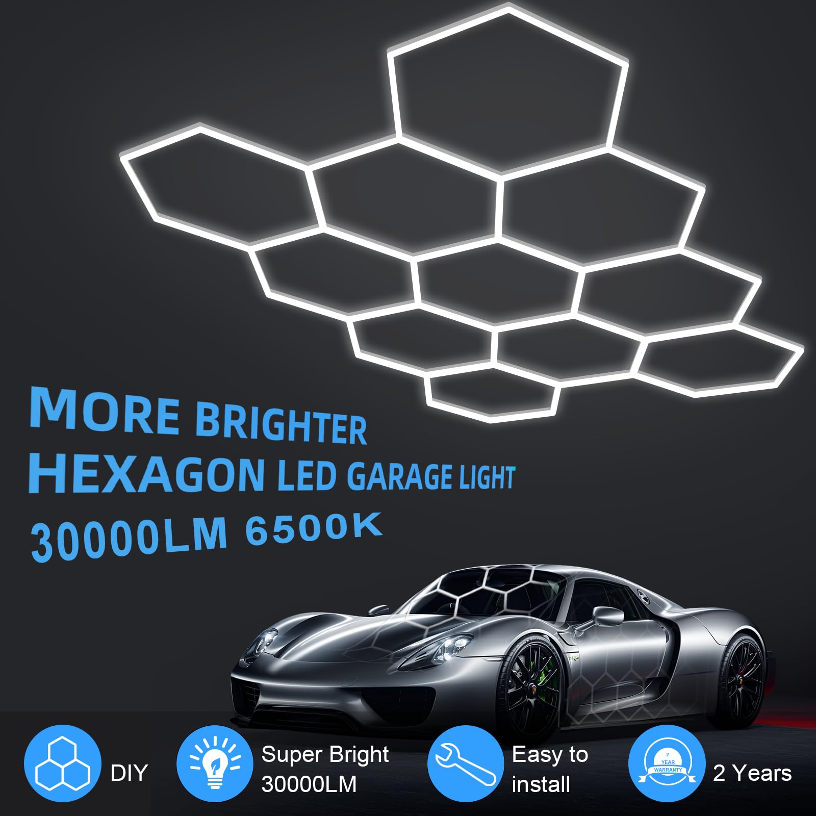 MODERN 11 Hexagon LED Garage Light, Ultra-Bright 6500K, White, 129"L x 92.5"W x 1.4"H, Ideal for Garage, Shop
