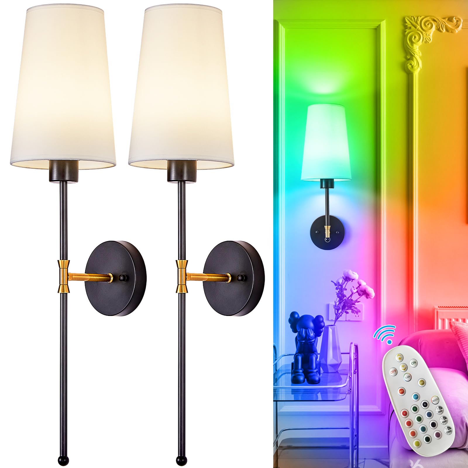 Depuley Battery Operated Wall Sconce Set of 2, 27 Inch, Metal, Black and Gold, Wireless with Remote for Bedroom and Hallway Decor