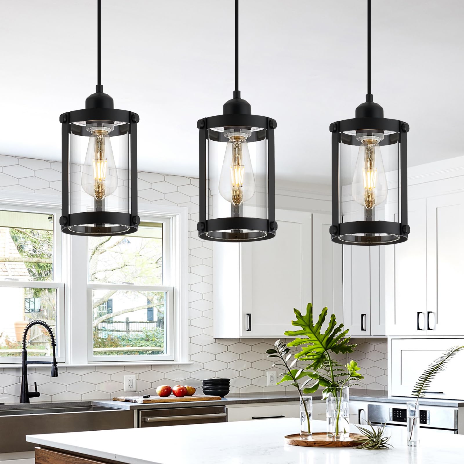 Osimir Black Pendant Lights Kitchen Island 3 Pack, Modern Kitchen Pendant Lighting Over Island With Clear Glass, Farmhouse Mini