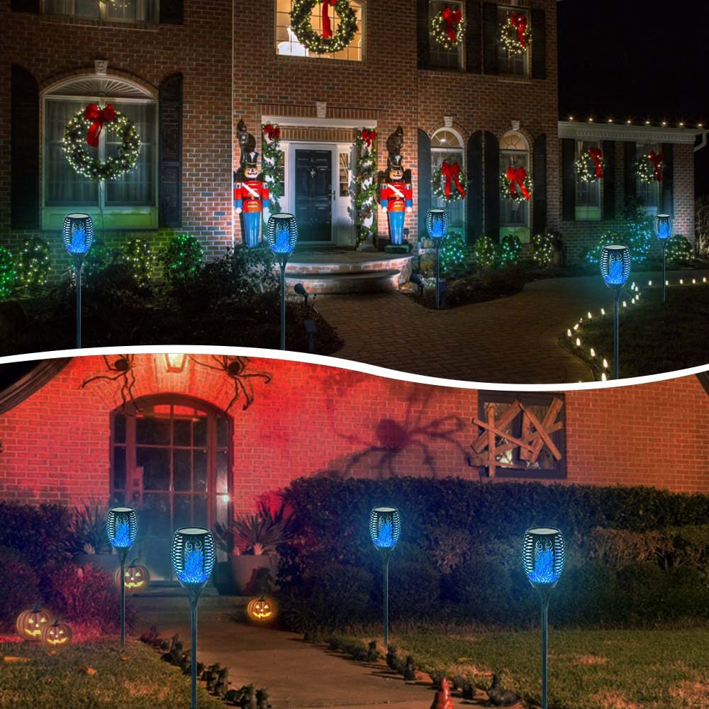 EOYIZW Solar Torch Lights, 99 LEDs, Flickering Flame, IP65 Waterproof, 4 Pack, Blue-4Pack