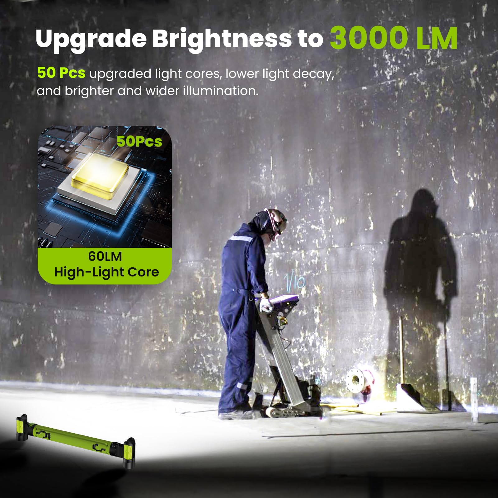 Work Light?Auto On/Off? 3000Lm Led Work Light 5200Mah Under Hood Work Light With Hooks  Portable Magnetic Rechargeable Cordless Work Light For Mechanic/Car Repairing/Garage-Green