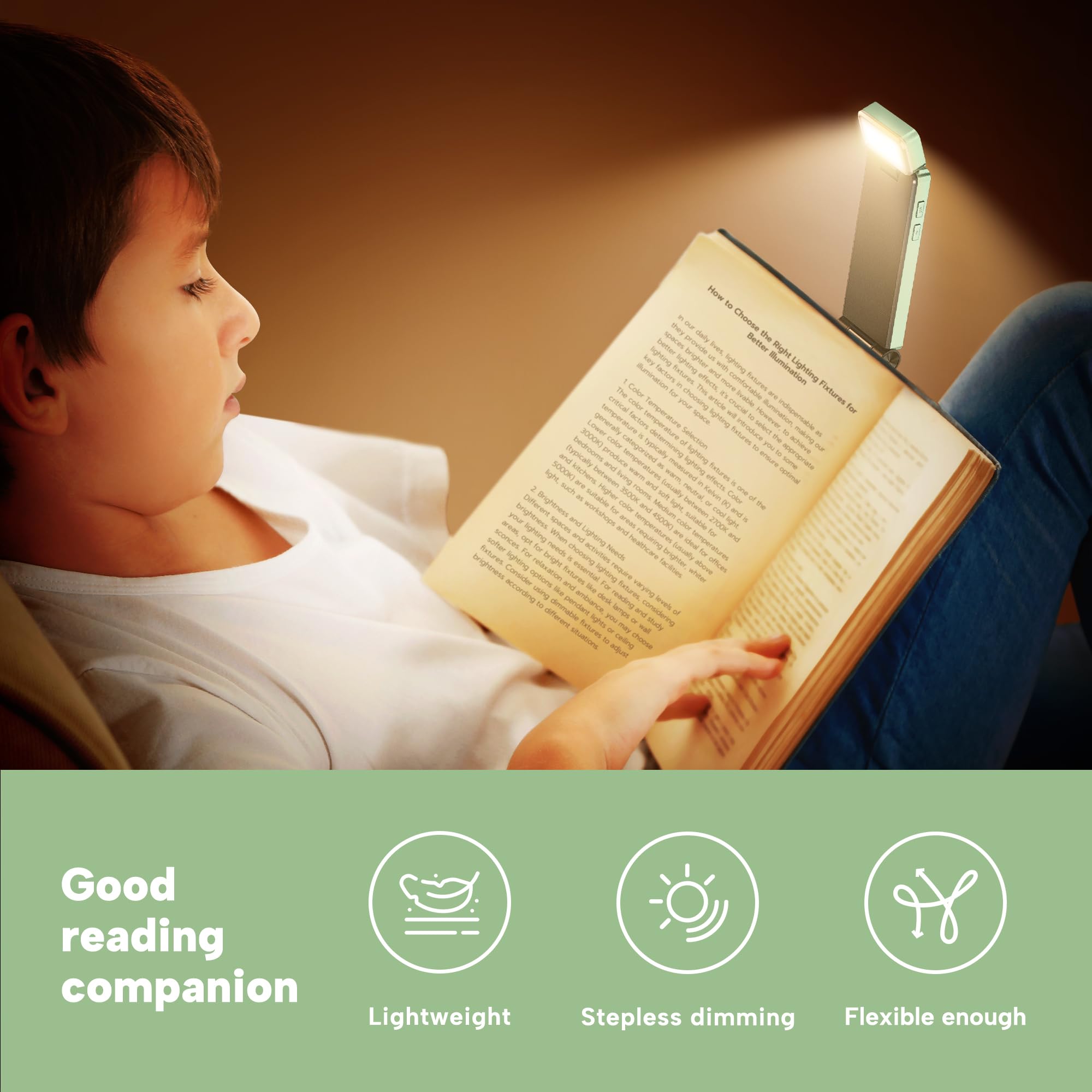 86Lux Book Light, Rechargeable Reading Lights For Books In Bed, Ultralight Clip-On Led Bookmark Lamp With 3 Amber Colors & Stepless Dimming For Night Reading For Book Lovers, Kids, Mint Green