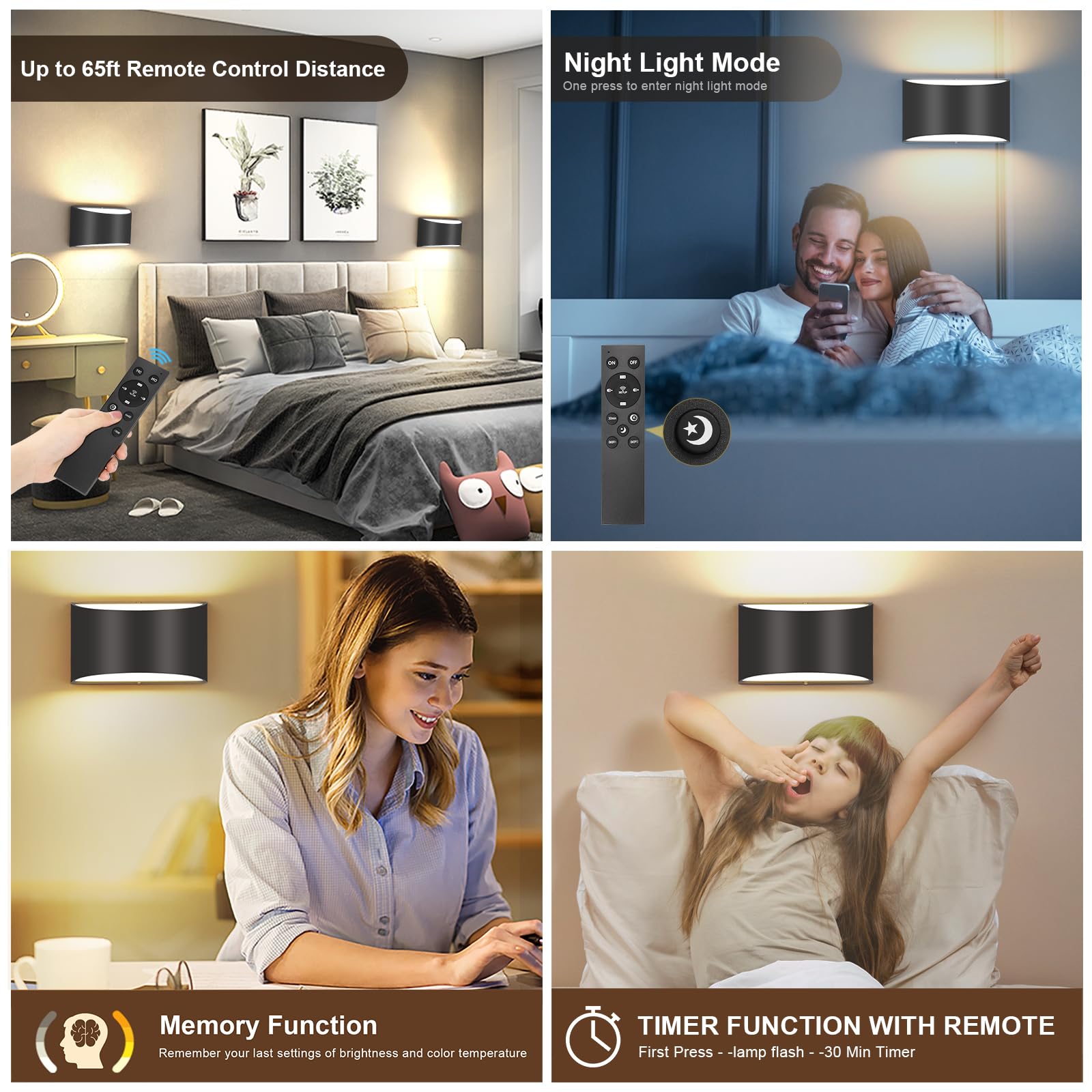 TRLIFE Modern LED Wall Sconces, Dimmable 3000K-6000K, Aluminum, 12W, 2 Pack, Black with Remote