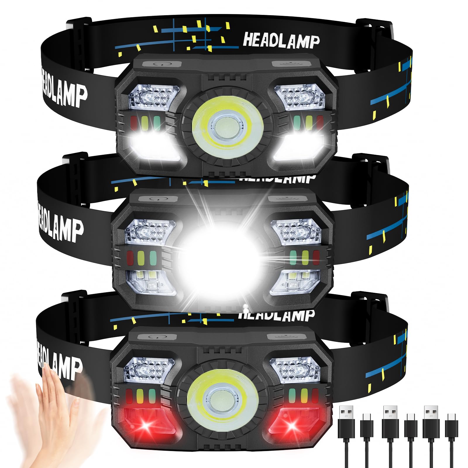 Rechargeable Headlamp 3 Pack, 1200 Lumens Led Head Lamp With Red Light, Motion Sensor, 10 Modes, 60 Adjustable Head Lights For F