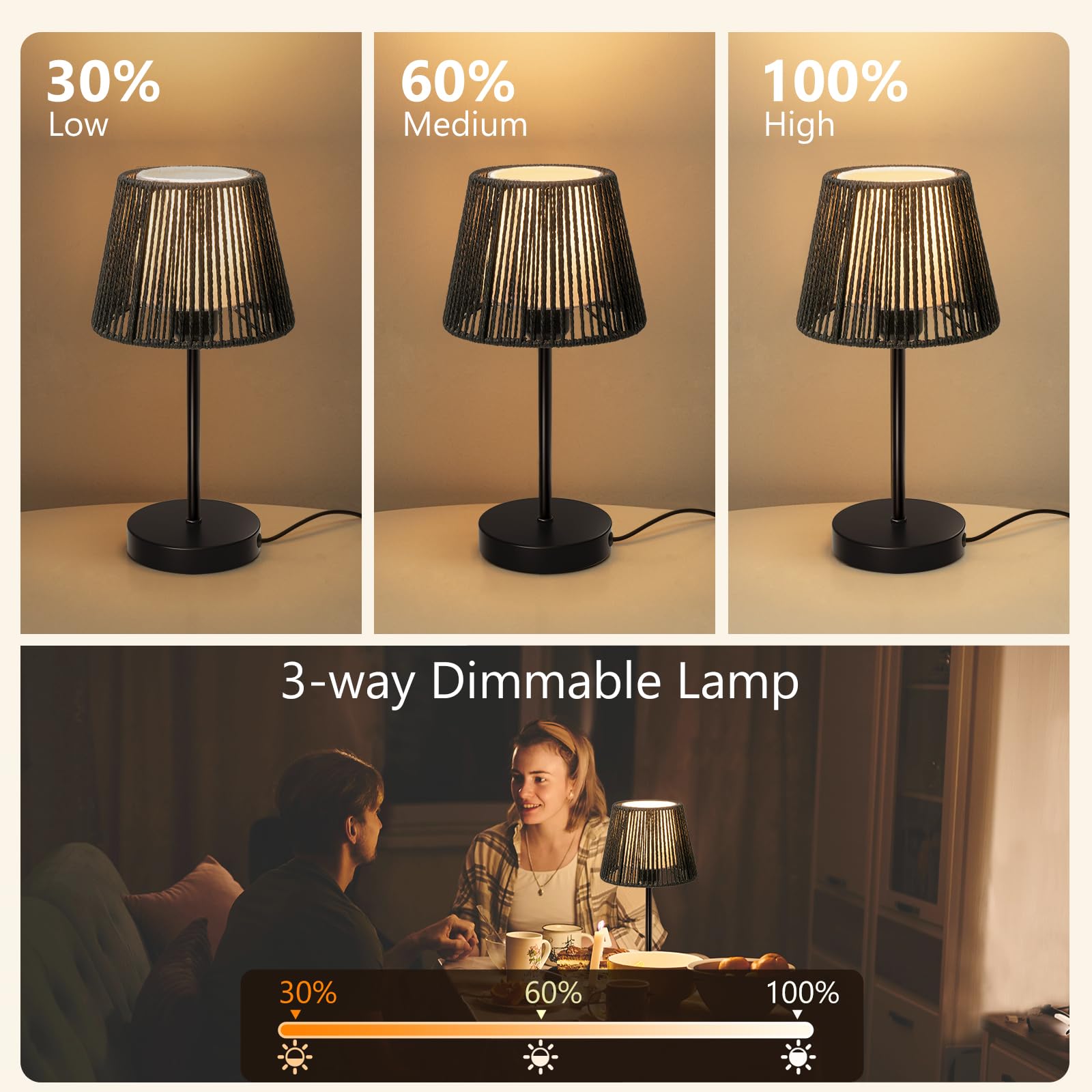 ONEWISH Touch Boho Lamp, Dimmable 3-Way Bedside Table Lamp, 14.2in, Metal, Black, 2 Packs, Model 13TAB149