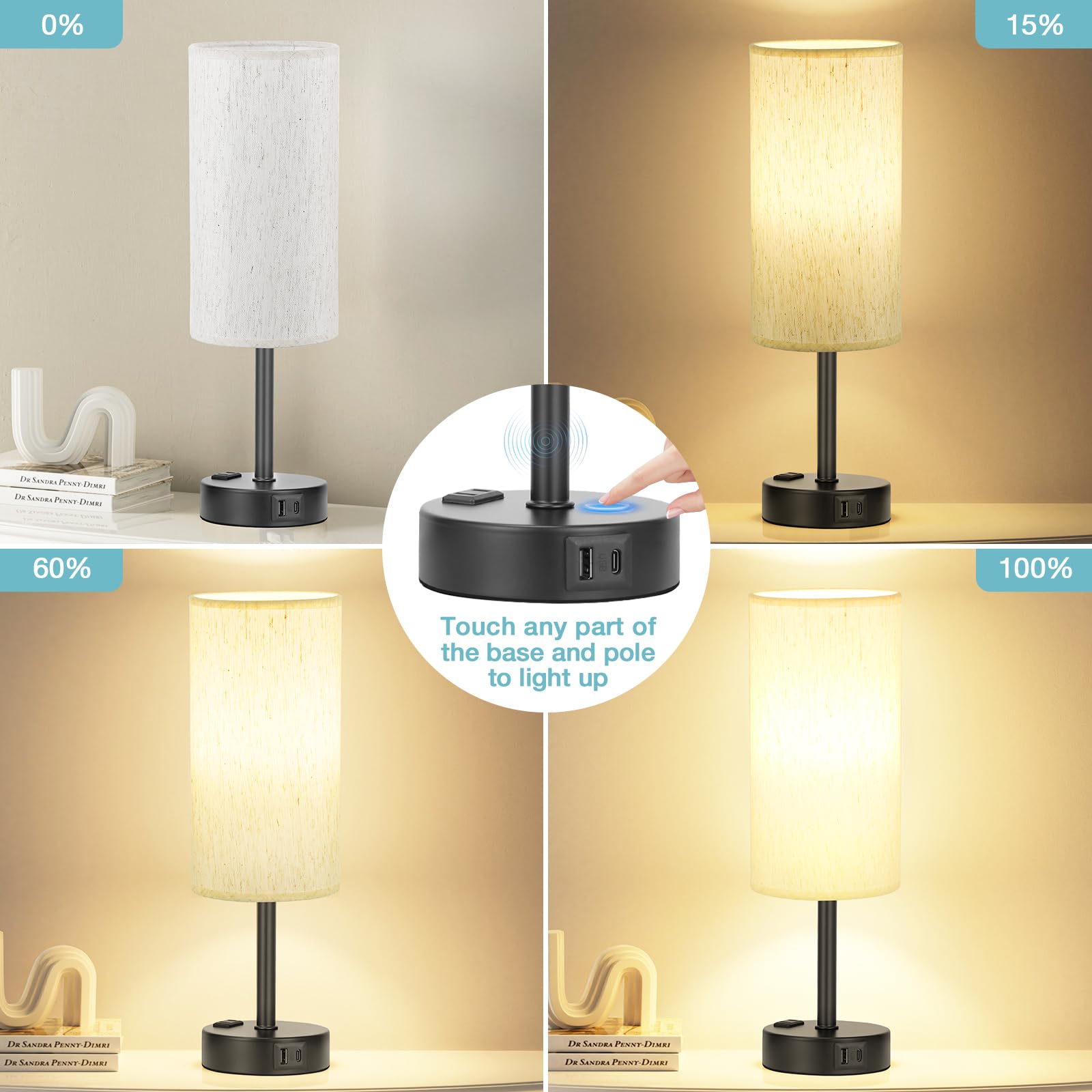 Light Beige Table Lamp For Nightstand - 3 Way Dimmable Bedside Lamp For Bedroom With Usb C A Charging Ports And Ac Outlet, Small