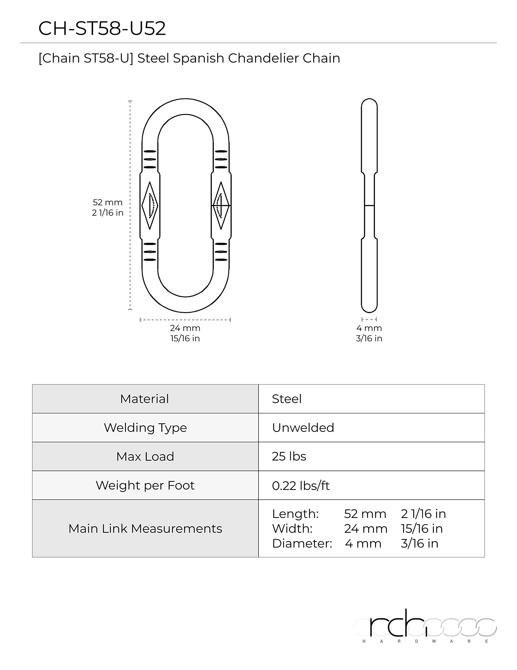 RCH Hardware Steel Chandelier Chain, 3 Feet, Antique Brass, Model CH-S58-40-AB-3, Alloy Steel