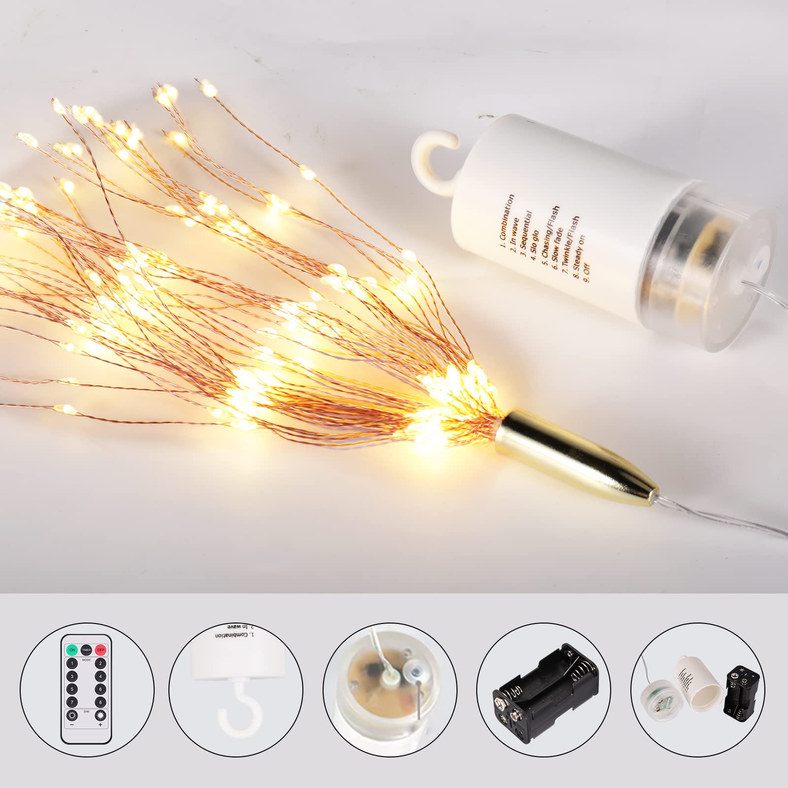 Fooing 8 Pack Firework Lights Led Copper Wire Star String Lights 8 Modes Battery Operated Fairy Lights With Remote,Wedding Decor