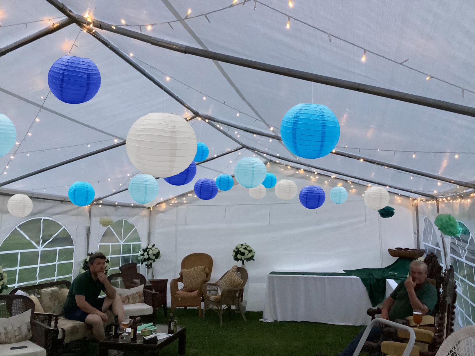 Hossom Round Paper Lanterns, 16pcs Decorative Hanging Lanterns, Blue/White, Metal & Paper, Wedding & Party Decor