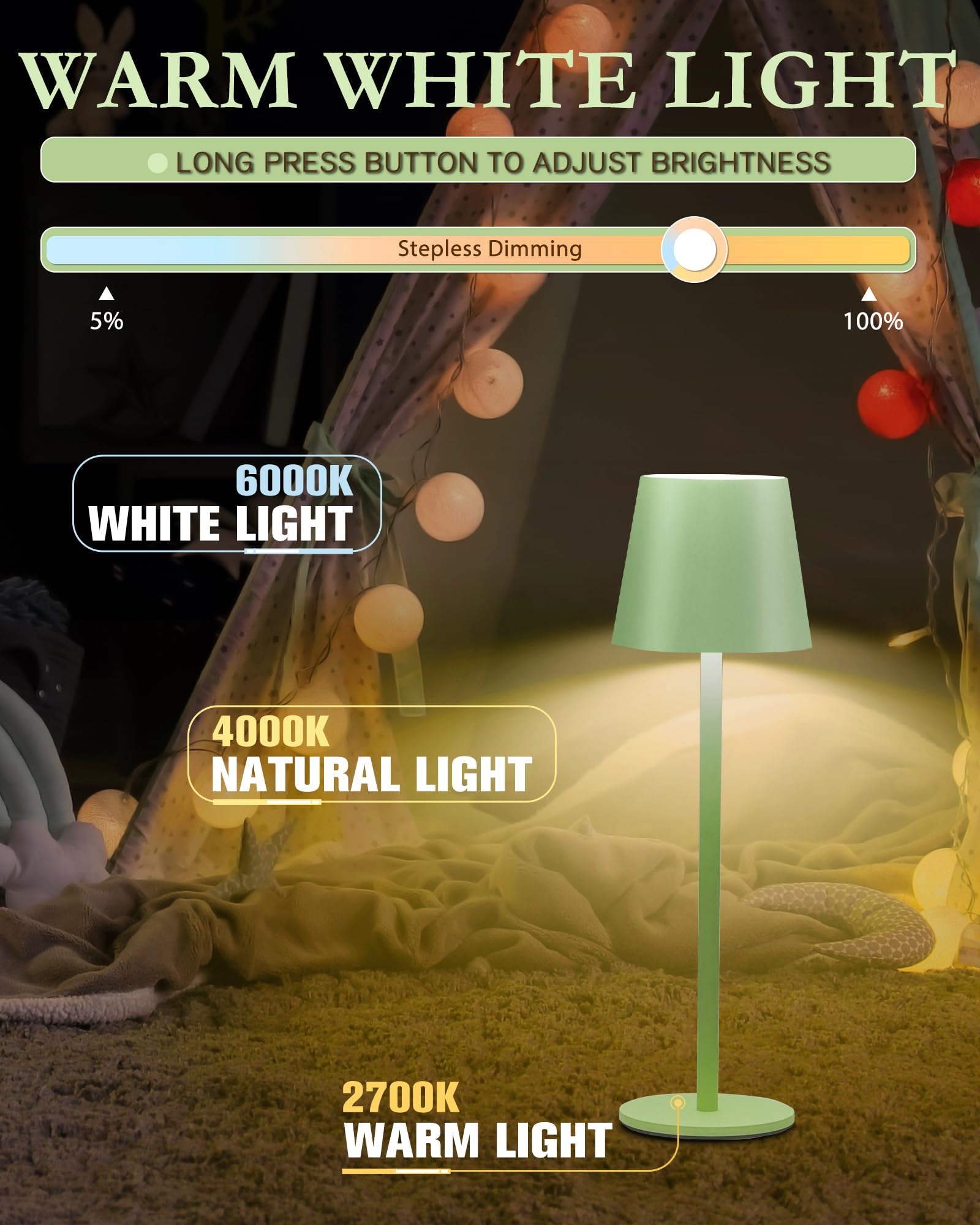 Faithorse 2Pack Cordless Table Lamp, 5200mAh IP54 Waterproof Rechargeable Battery Desk Lamp, 3 Color Stepless Dimming Up, Batter