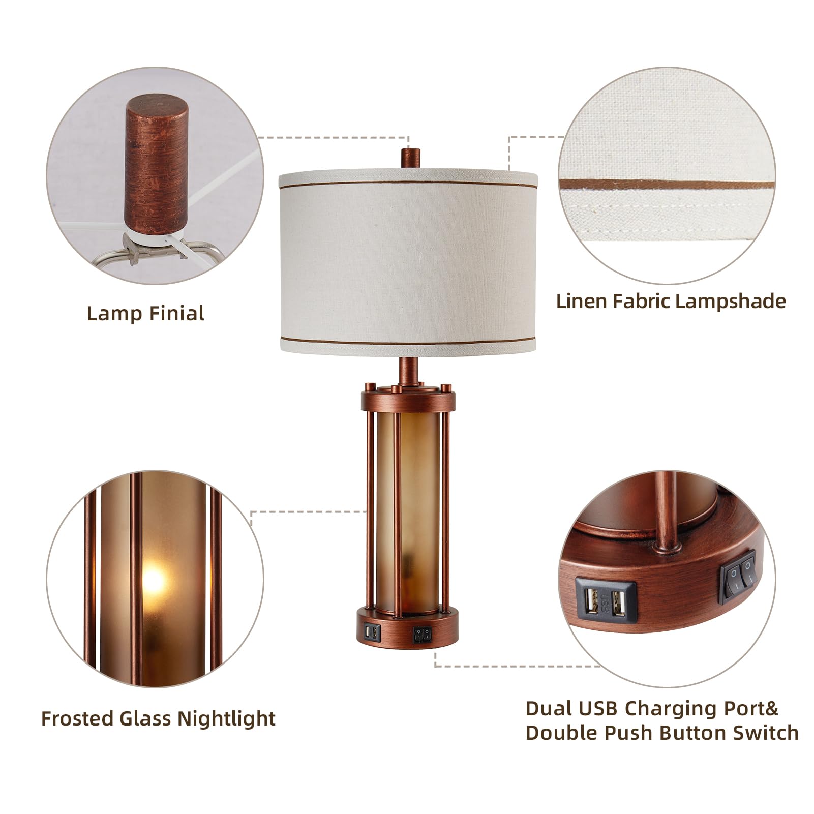 Set Of 2 Farmhouse Table Lamps For Living Room, Rustic Bedside Lamps With 2 Usb Charging Ports, Bedroom Nightstand Lamp With Amb