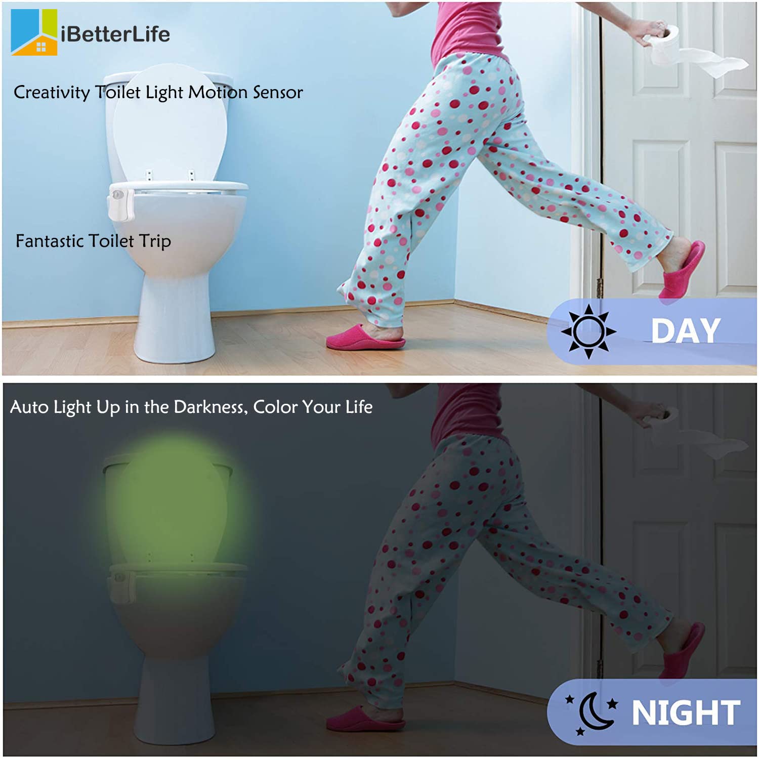 iBetterLife Toilet Light Motion Sensor - 8 Color Changing LED Night Light for Bathroom, 2-Pack, Original Design