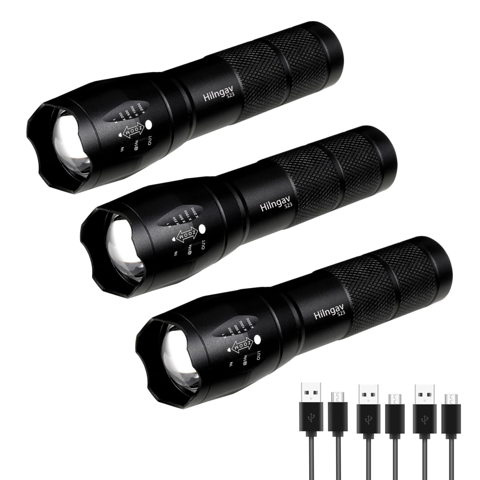 Hilngav 3 Pack LED Rechargeable Flashlight, Super Bright Small MiniCamping Flashlights Zoomable Beam, Convenient USB C Charging 