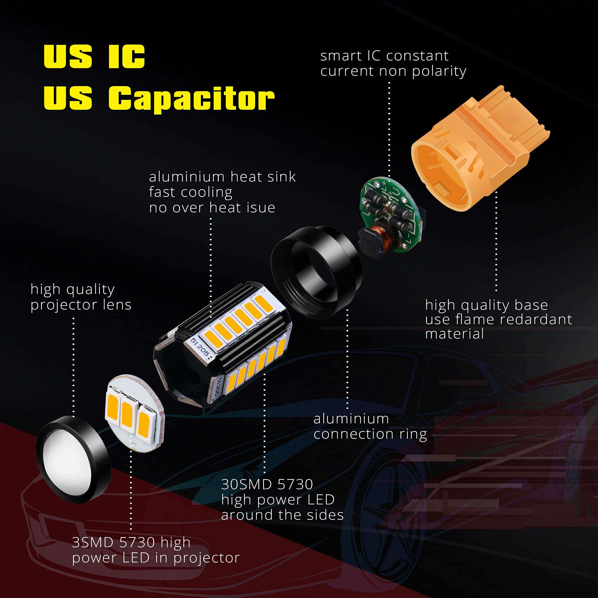 Alla Lighting 4257 LED Turn Signal Bulbs, Super Bright 12V Blinker Lamps, Amber Yellow, Model Alla-4257-5730-33Y