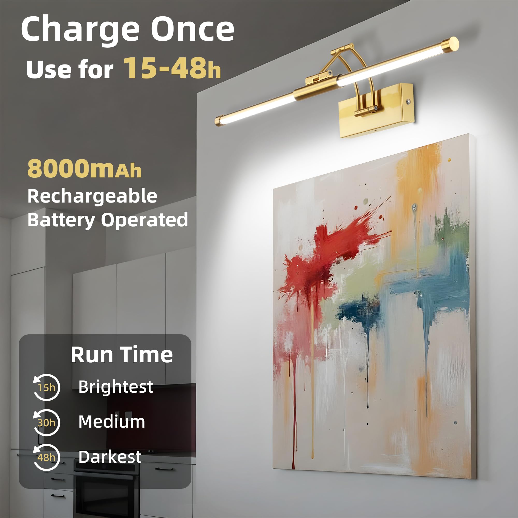 Neymlya 24" Wireless Picture Light, Dimmable 3000K/4000K/6000K, Gold Metal, Battery Operated, Remote Control, Model 24IN