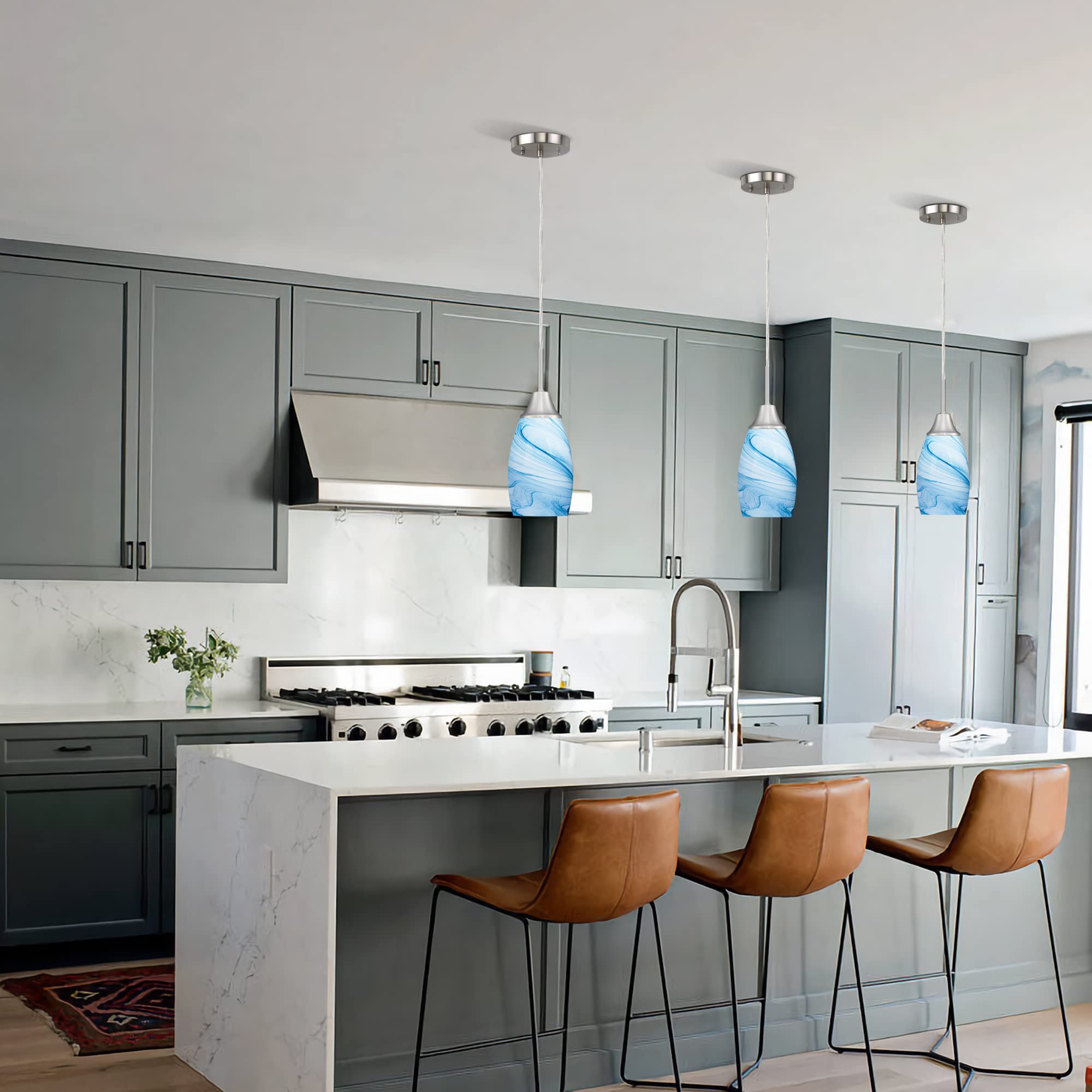 Viinew Blue Glass Pendant Light, Handblown Art Oval 4.72&quot;, 1-Pack For Dining Room & Kitchen