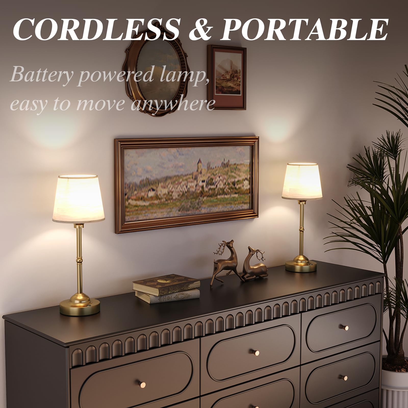 CHLORANTHUS Cordless Table Lamp - 3 Colors, Stepless Dimming, 6000mAh Rechargeable, Fabric Desk Lamp, White 1 Pack, Model 2 Pack