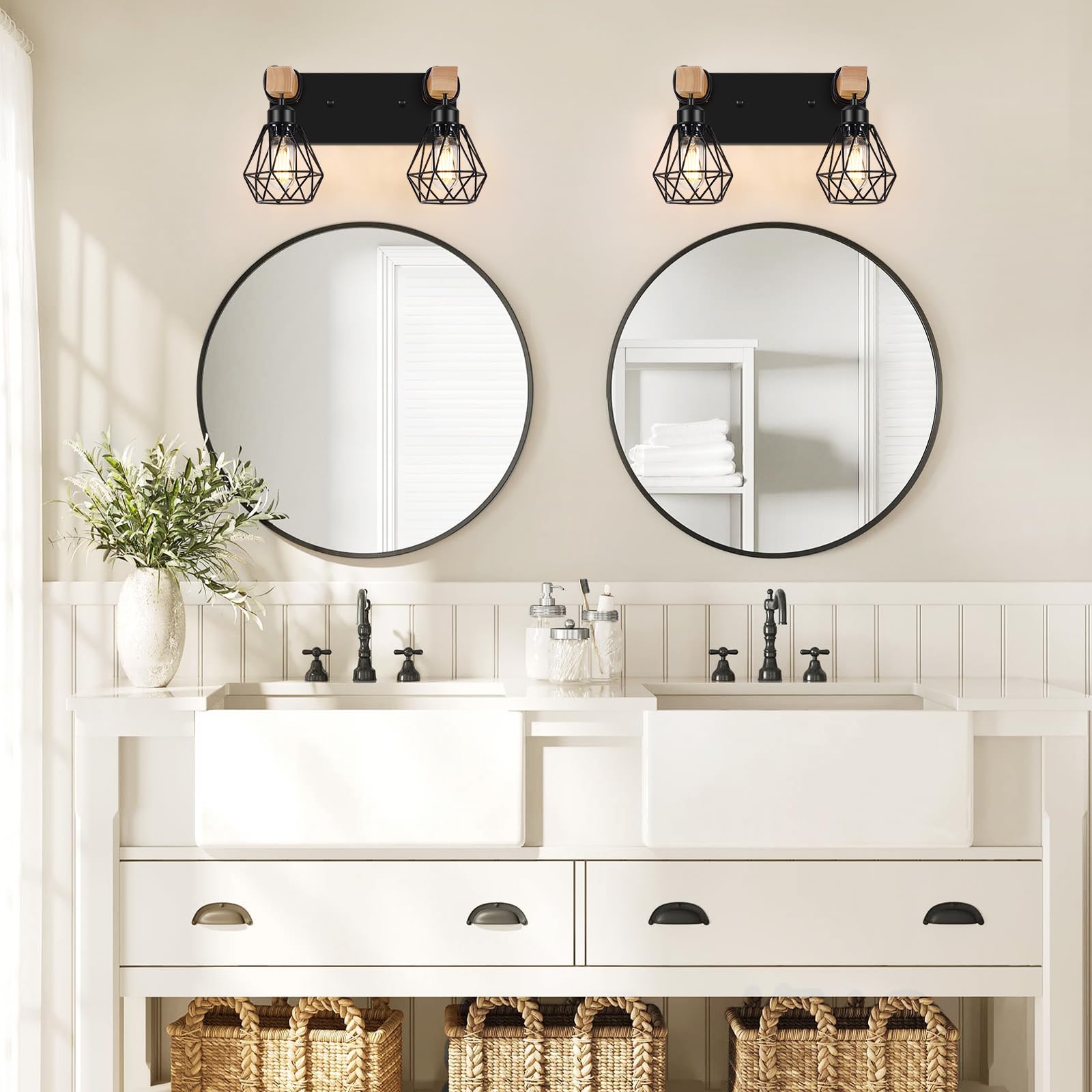 Fadimikoo 2-Light Rustic Style Wood Bathroom Wall Sconce  Farmhouse Vanity Lighting Fixture Fopr Bathroom  Industrial Wood Wall Light Over Mirror With Metal Shade  Bulbs Not Included