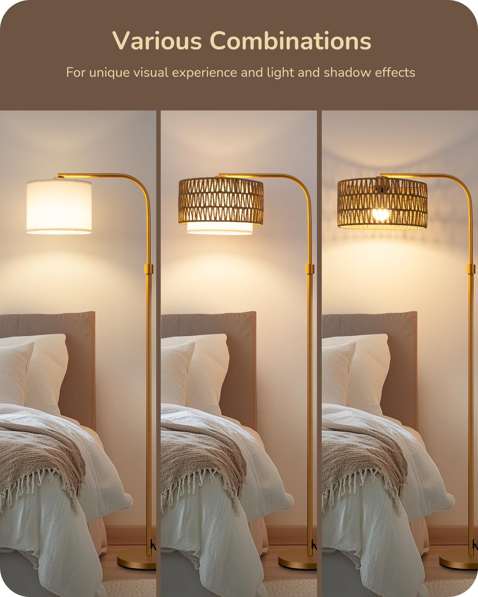 Edishine Rattan Floor Lamp For Living Room With Remote & Dimmable Led Bulb,63'' Mid Century Rattan Fabric Shade Standing Lamp Wi