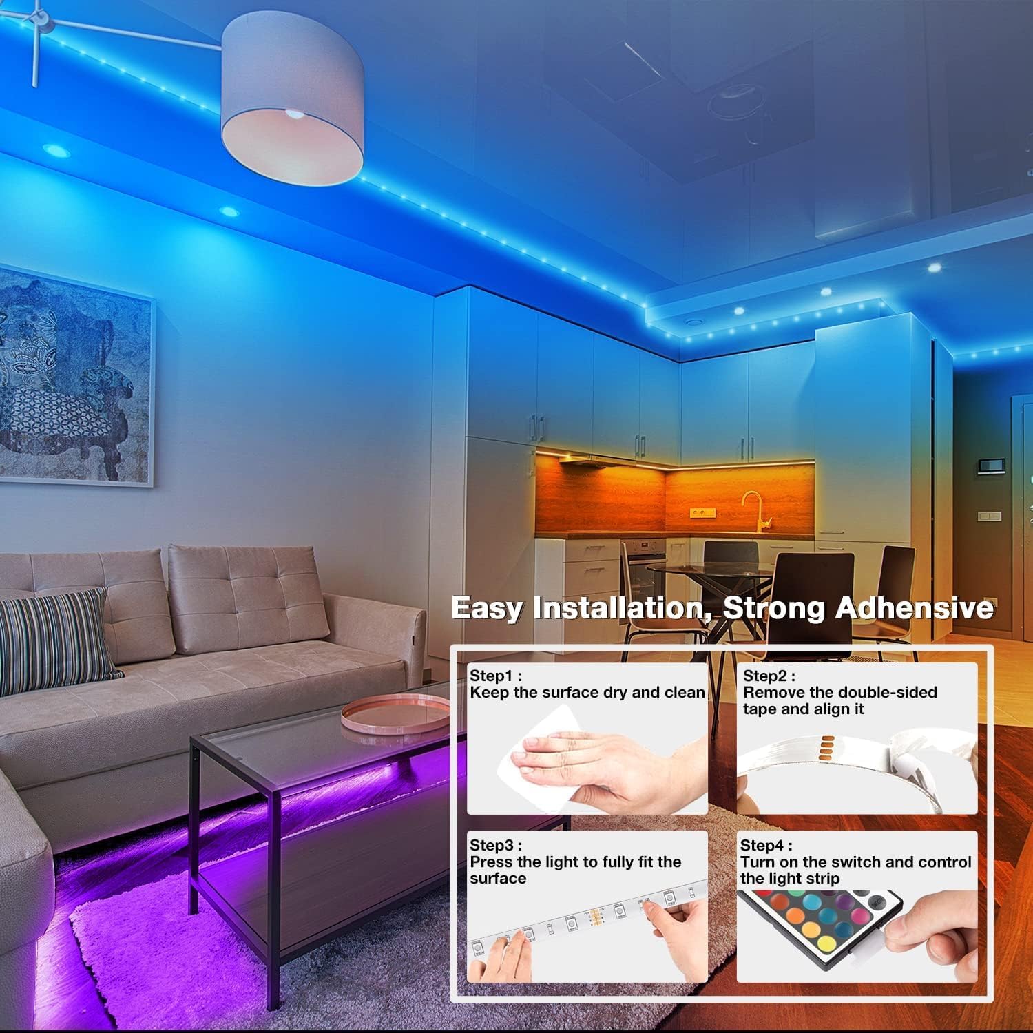 Dalattin Led Lights For Bedroom 130Ft(2 Rolls Of 65.6Ft), Led Lights With Remote&App Control, Color Changing Led Lights For Room, Rgb Led Strip Lights Music Sync, Easter Home Decor, 24V Power Supply