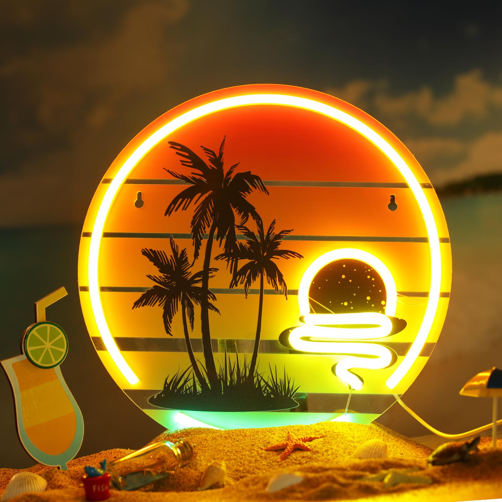 Glooglitter Tropical Neon Sign 11.8 Inch Palm Tree Sunset Neon Light for Wall Decor Colorful LED Light up Bar Signs for Bedroom 