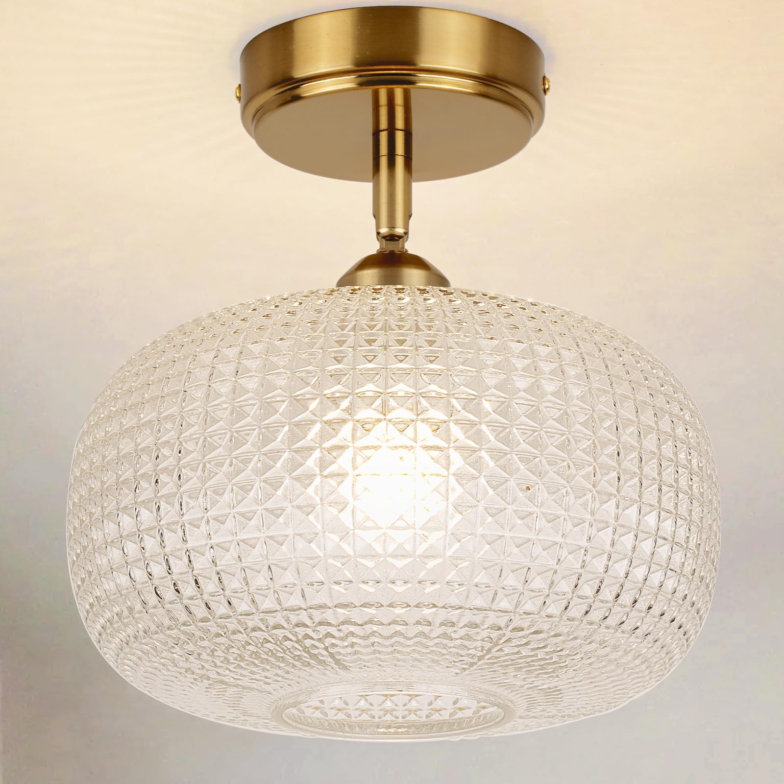 CLARSYNE Glass Semi Flush Mount Ceiling Light Fixture, Gold Vintage Globe Lamp, Sloped Ceiling Adaptable, for Hallway, Kitchen, 