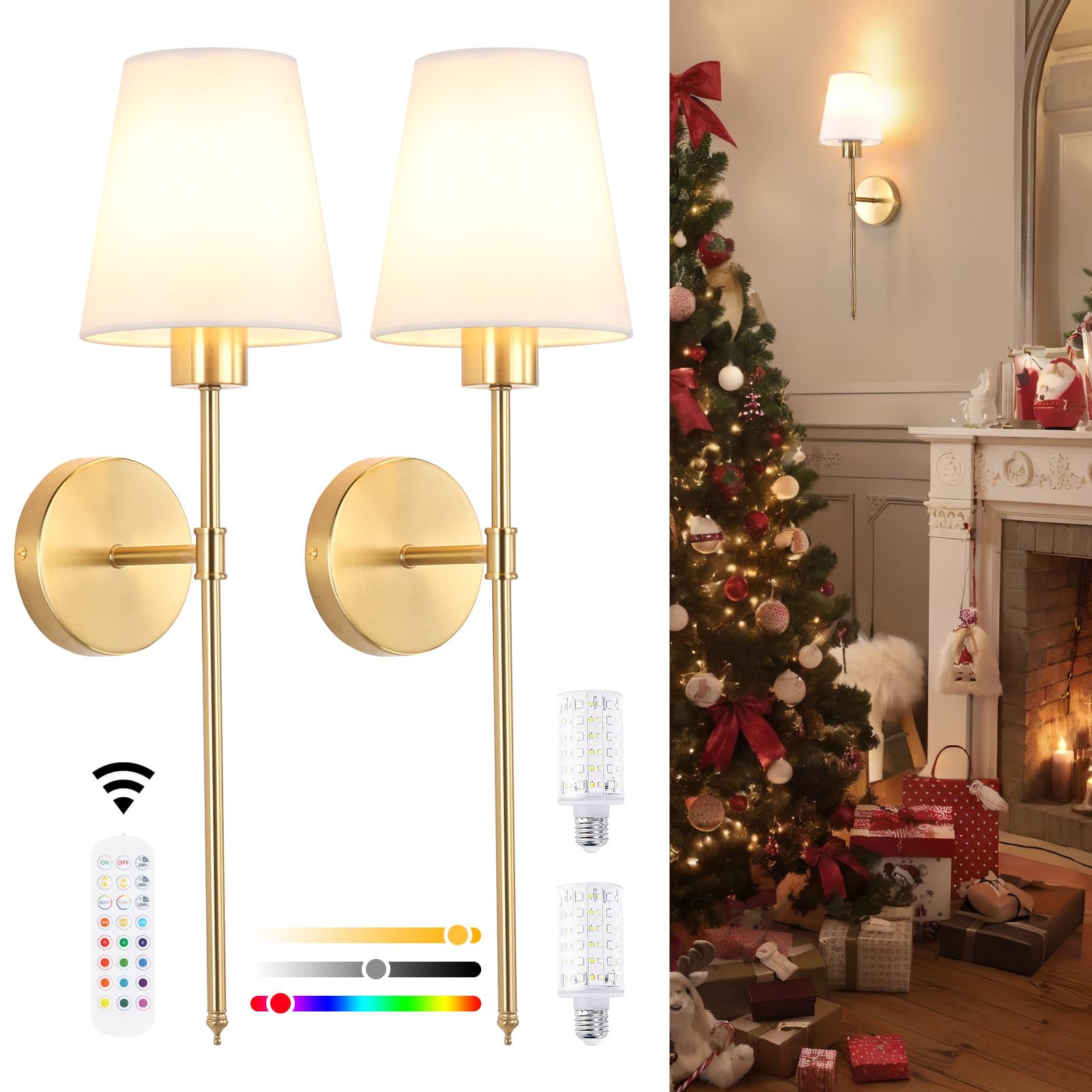 Shenmoyl Fabric Wall Sconce Battery Operated Set of 2  Rechargeable Wall Lights with 5000mAh RGB Dimmable Bulb  12 Colors Wall Sconces for Bedroom Living Room  Gold