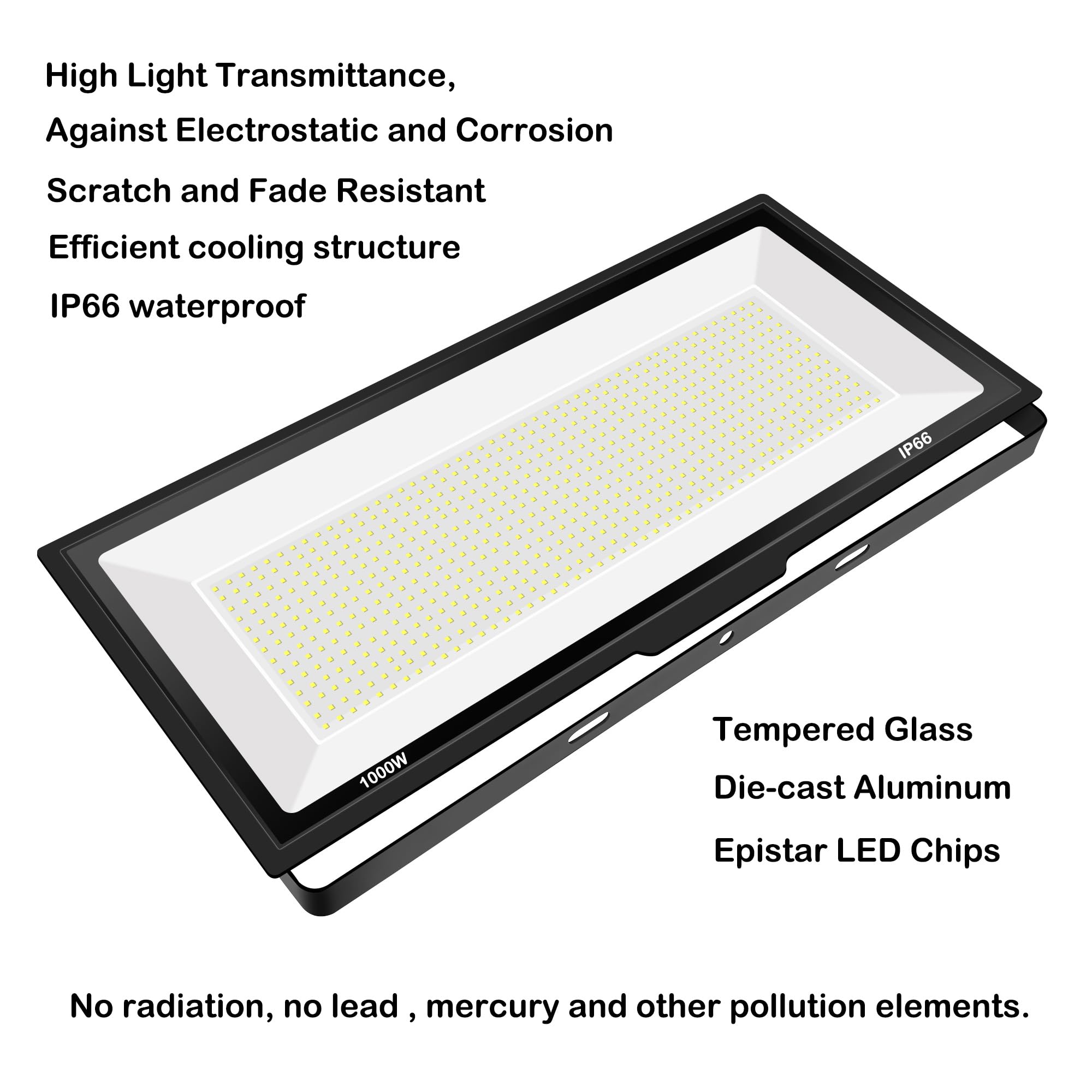 Gopretty 1000W LED Flood Light, 98000LM, IP66 Waterproof, 6000K Daylight, Black, Model PAD, Ideal for Stadiums, Backyards,