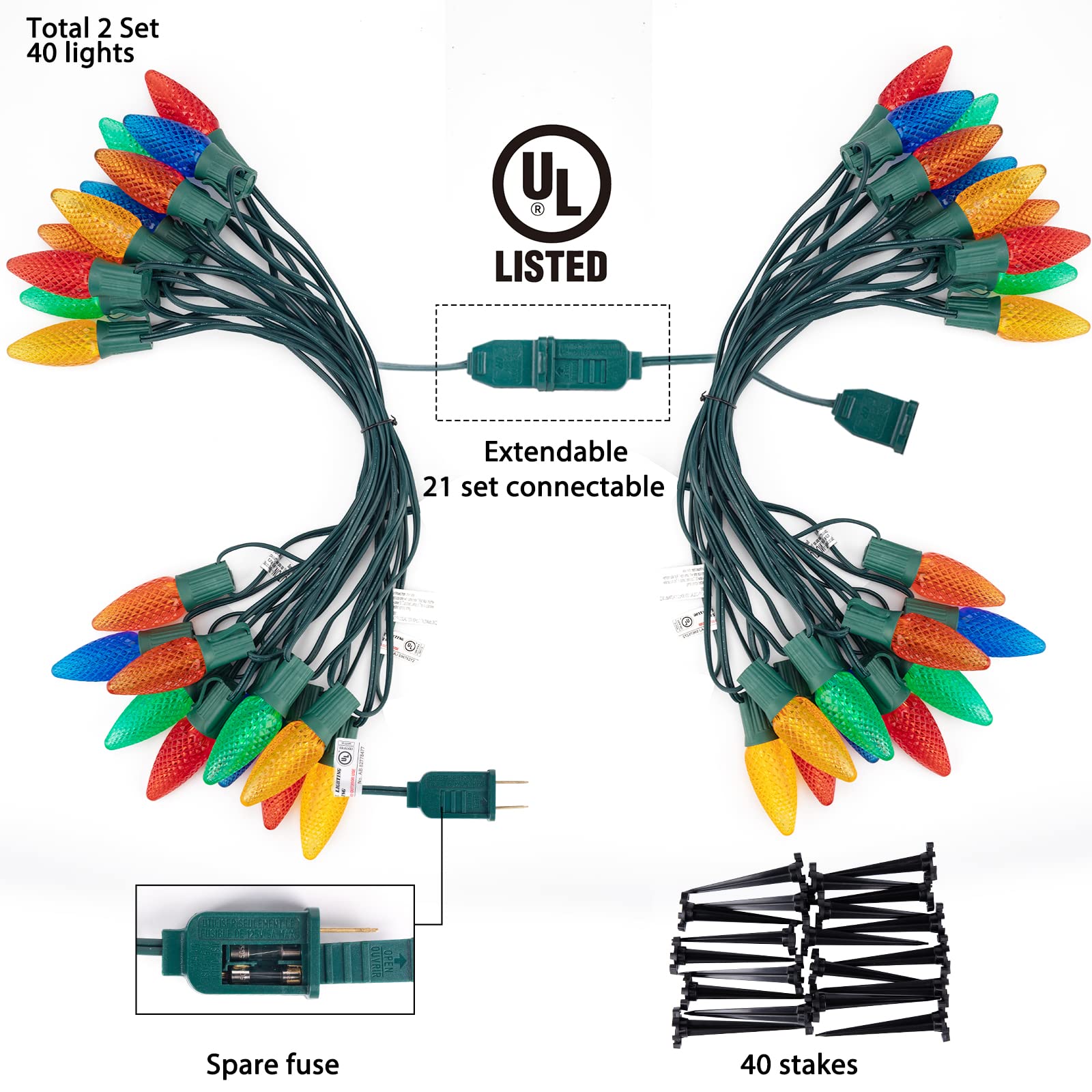 Brightown C9 Christmas Pathway Lights, 25.7ft 20 LED Multicolor Outdoor String Lights, Shatterproof with Stakes, 2 Pack