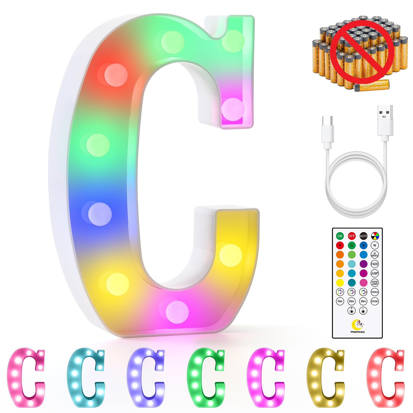 Mooncow Rechargeable Light Up Letters,Colorful Marquee Letters With Remote,Gift Wrap Gifts,Bedroom Home Bar Party Decor (C)
