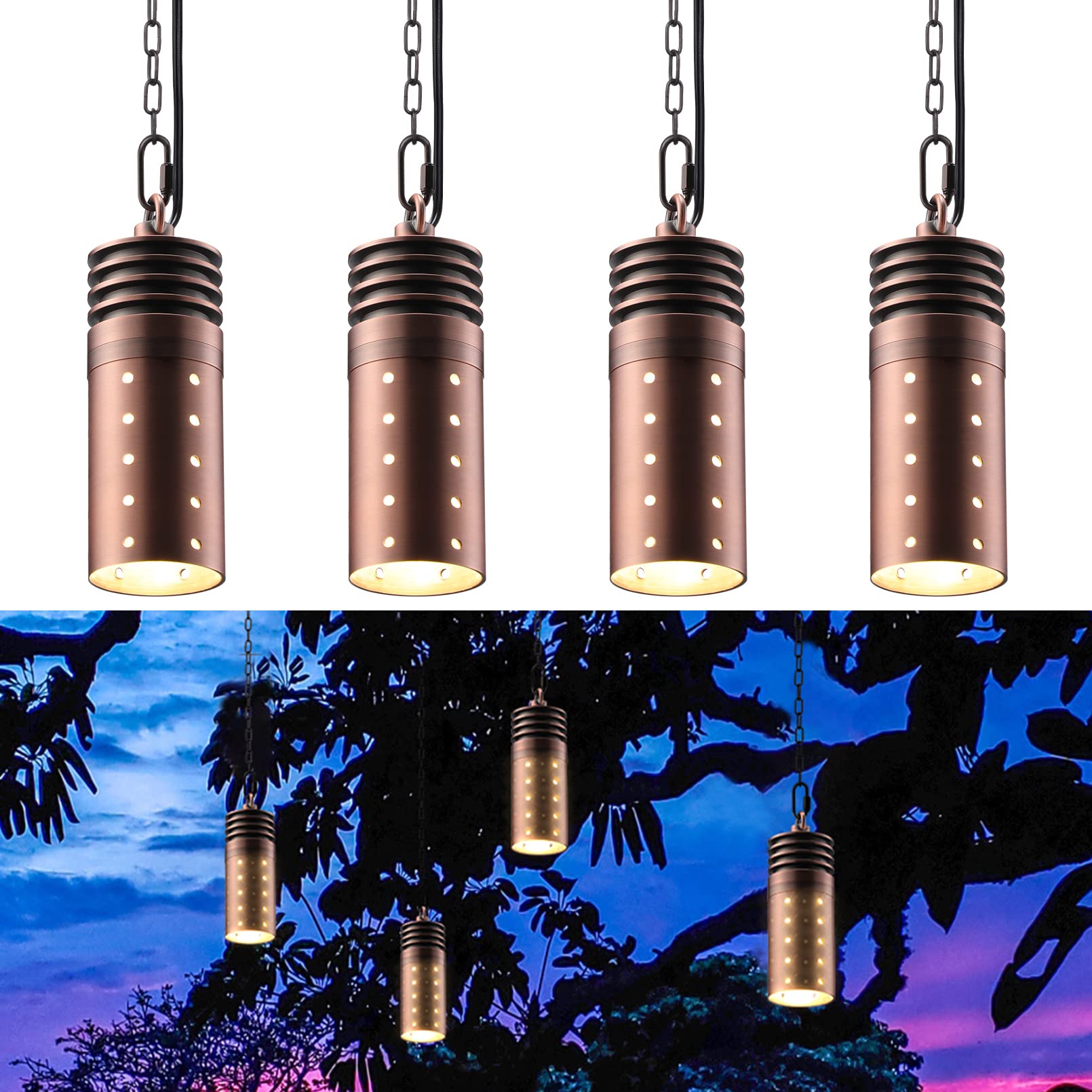 LEONLITE LED Landscape Pendant Lights, 12V Hanging Tree Light, Aluminum, IP65, 7 Inch, Red Bronze, Pack of 4, Model 20851