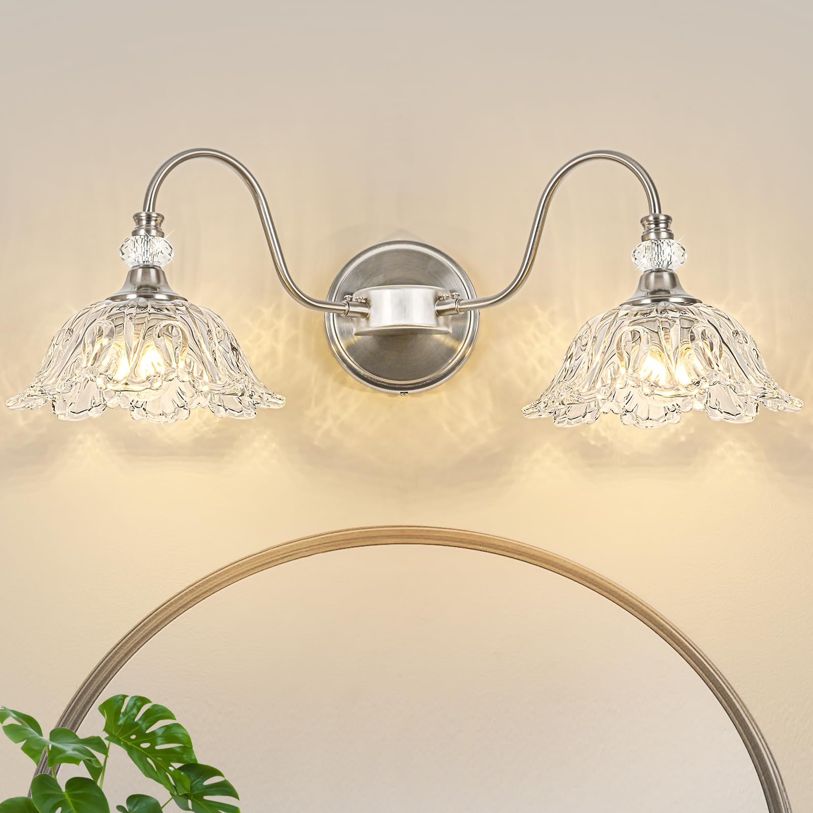 Sunkryster 2-Light Brushed Nickel Bathroom Vanity Light with Floral Glass Shades, Model Sun-104AB-2-Nickel