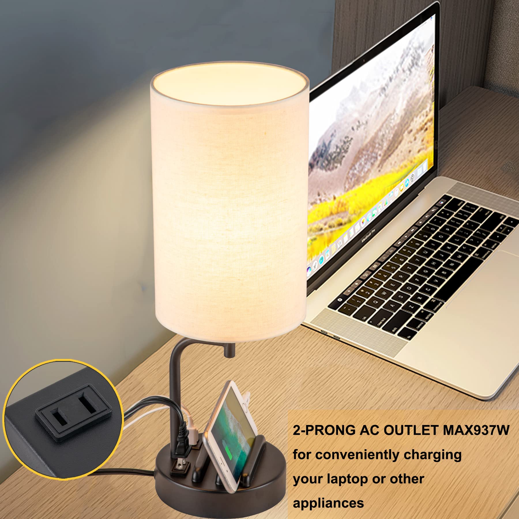 Dreamholder Touch Control Usb Table Lamp, Upgraded 3-Way Dimmable Bedside Desk Lamp With Usb C & A Charging Ports And Ac Outlet,